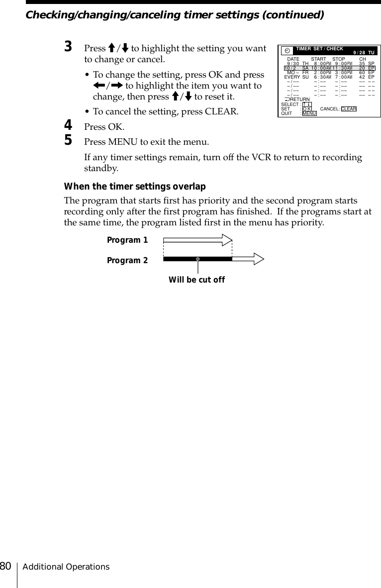 Additional Operations80Program 1Program 2Will be cut off3Press &gt;/. to highlight the setting you wantto change or cancel.• To change the setting, press OK and press?// to highlight the item you want tochange, then press &gt;/. to reset it.• To cancel the setting, press CLEAR.4Press OK.5Press MENU to exit the menu.If any timer settings remain, turn off the VCR to return to recordingstandby.When the timer settings overlapThe program that starts first has priority and the second program startsrecording only after the first program has finished.  If the programs start atthe same time, the program listed first in the menu has priority.NRETURNSELECTSETQUIT:::TIMER  SET / CHECK 9/28 TUCANCEL CLEAR:O KDATE START STOP CHTH SPPM 9/30 8 :00PM9 : 00 35– –– / –– – :–– – : –– –– – –– / –– – :–– – : –– –– – –– / –– – :–– – : –– –– – –– /–– – : –– – :–– ––SA EPAM01/2 01:00AM1:30FR EPPMMO – 2 : 00PM31:00 6 02042SU EPAMEVERY   :360AM7:00MENUnnChecking/changing/canceling timer settings (continued)