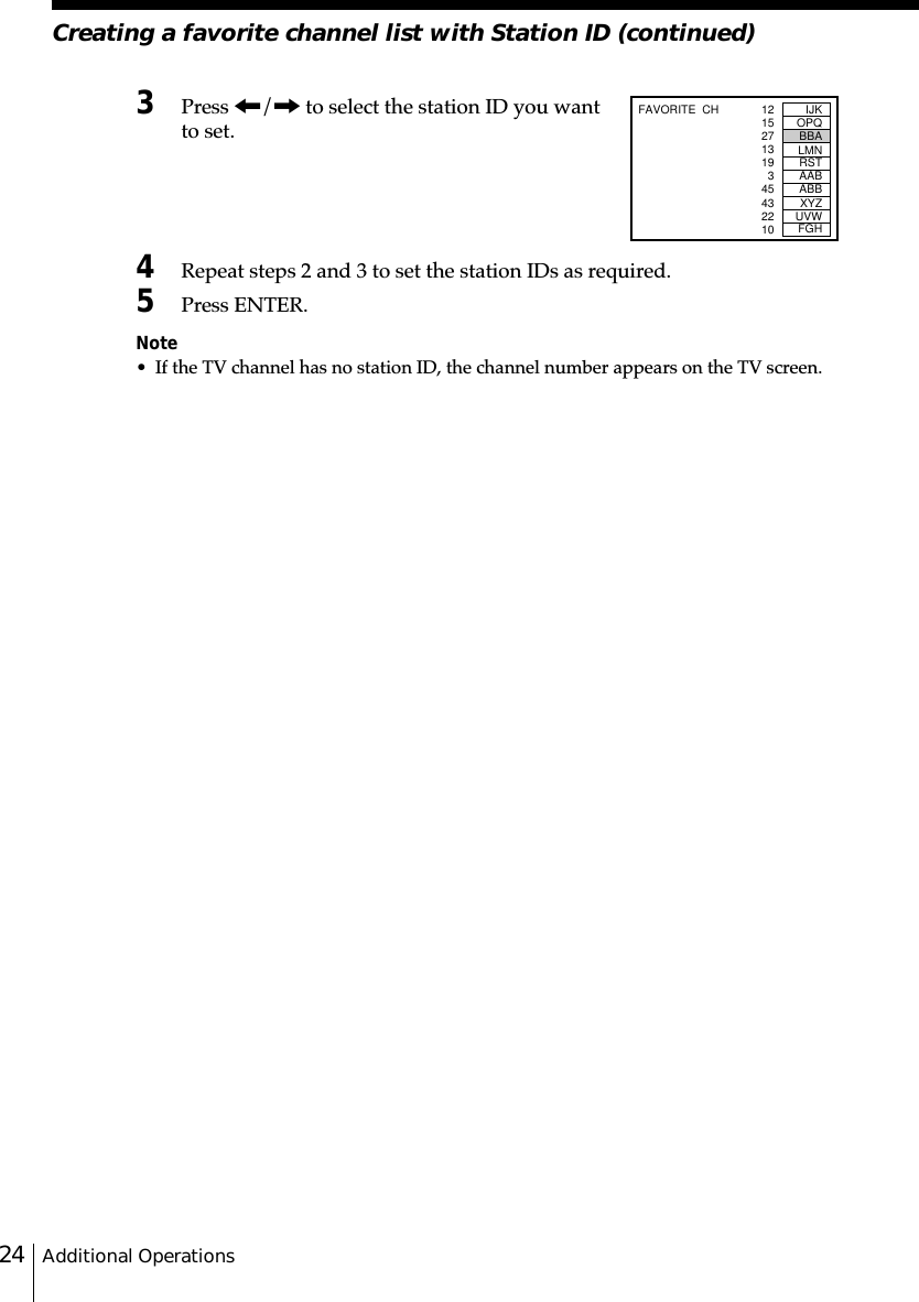 Additional Operations24Creating a favorite channel list with Station ID (continued)3Press &lt;/, to select the station ID you wantto set.4Repeat steps 2 and 3 to set the station IDs as required.5Press ENTER.Note• If the TV channel has no station ID, the channel number appears on the TV screen.IJKOPQBBALMNRSTAABABBXYZUVWFGHFAVORITE  CH 1215271319345432210