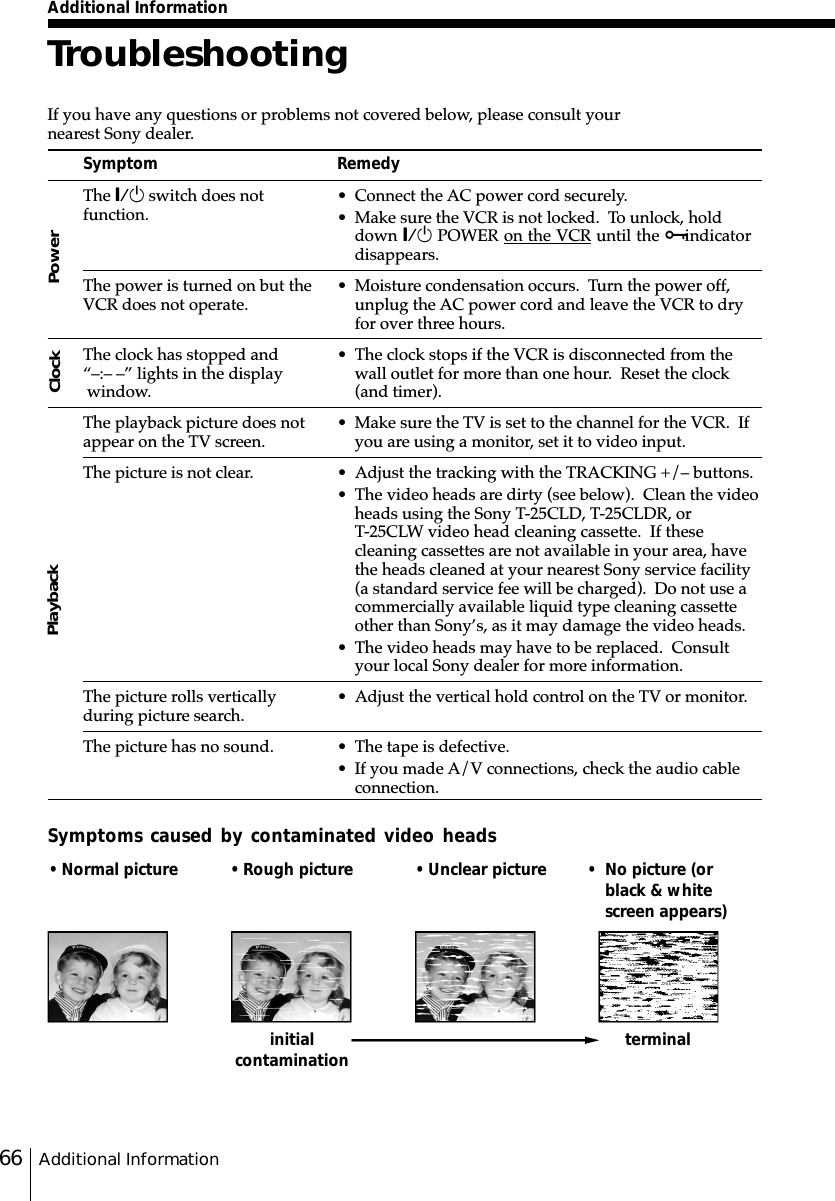 Additional Information66TroubleshootingIf you have any questions or problems not covered below, please consult yournearest Sony dealer.SymptomThe `/1 switch does notfunction.The power is turned on but theVCR does not operate.The clock has stopped and“–:– –” lights in the display window.The playback picture does notappear on the TV screen.The picture is not clear.The picture rolls verticallyduring picture search.The picture has no sound.PlaybackRemedy• Connect the AC power cord securely.• Make sure the VCR is not locked.  To unlock, holddown `/1 POWER on the VCR until the - indicatordisappears.• Moisture condensation occurs.  Turn the power off,unplug the AC power cord and leave the VCR to dryfor over three hours.• The clock stops if the VCR is disconnected from thewall outlet for more than one hour.  Reset the clock(and timer).• Make sure the TV is set to the channel for the VCR.  Ifyou are using a monitor, set it to video input.• Adjust the tracking with the TRACKING +/– buttons.• The video heads are dirty (see below).  Clean the videoheads using the Sony T-25CLD, T-25CLDR, orT-25CLW video head cleaning cassette.  If thesecleaning cassettes are not available in your area, havethe heads cleaned at your nearest Sony service facility(a standard service fee will be charged).  Do not use acommercially available liquid type cleaning cassetteother than Sony’s, as it may damage the video heads.• The video heads may have to be replaced.  Consultyour local Sony dealer for more information.• Adjust the vertical hold control on the TV or monitor.• The tape is defective.• If you made A/V connections, check the audio cableconnection.PowerClockSymptoms caused by contaminated video heads• Normal pictureinitialcontamination terminal• Rough picture • No picture (orblack &amp; whitescreen appears)• Unclear pictureAdditional Information