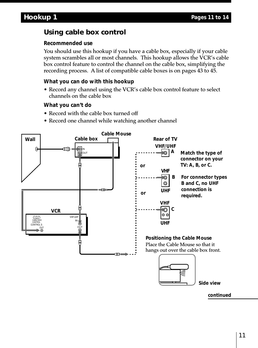 11Hookup 1Using cable box controlRecommended useYou should use this hookup if you have a cable box, especially if your cablesystem scrambles all or most channels.  This hookup allows the VCR’s cablebox control feature to control the channel on the cable box, simplifying therecording process.  A list of compatible cable boxes is on pages 43 to 45.What you can do with this hookup• Record any channel using the VCR’s cable box control feature to selectchannels on the cable boxWhat you can’t do• Record with the cable box turned off• Record one channel while watching another channelRear of TVCable MouseVHF/UHFVHFUHFPositioning the Cable MousePlace the Cable Mouse so that ithangs out over the cable box front.WallAMatch the type ofconnector on yourTV: A, B, or C.B For connector typesB and C, no UHFconnection isrequired.CUHFVHFSide viewororCable boxVCRcontinuedPages 11 to 14(        )CABLE BOXCONTROLINOUTVHF/UHFINOUTCONTROL SOUT PLUG IN POWER