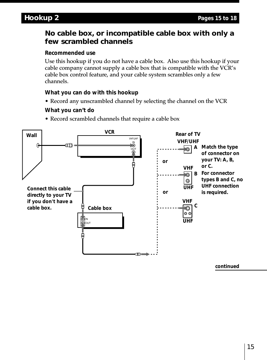 15Hookup 2No cable box, or incompatible cable box with only afew scrambled channelsRecommended useUse this hookup if you do not have a cable box.  Also use this hookup if yourcable company cannot supply a cable box that is compatible with the VCR’scable box control feature, and your cable system scrambles only a fewchannels.What you can do with this hookup• Record any unscrambled channel by selecting the channel on the VCRWhat you can’t do• Record scrambled channels that require a cable boxConnect this cabledirectly to your TVif you don&apos;t have acable box.VCRVHF/UHFAMatch the typeof connector onyour TV: A, B,or C.For connectortypes B and C, noUHF connectionis required.VHFUHFVHFUHFCable boxWallororCBRear of TVINOUTVHF/UHFINOUTPages 15 to 18continued