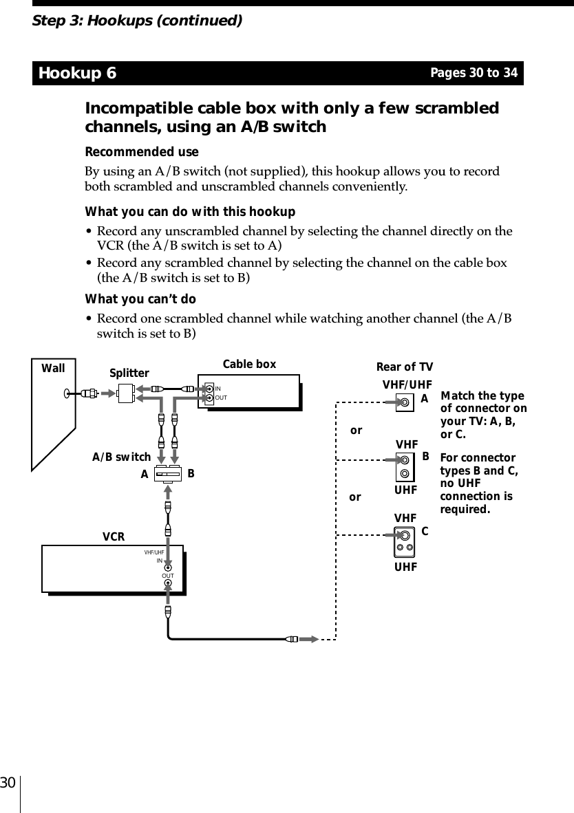 30Step 3: Hookups (continued)Hookup 6Incompatible cable box with only a few scrambledchannels, using an A/B switchRecommended useBy using an A/B switch (not supplied), this hookup allows you to recordboth scrambled and unscrambled channels conveniently.What you can do with this hookup• Record any unscrambled channel by selecting the channel directly on theVCR (the A/B switch is set to A)• Record any scrambled channel by selecting the channel on the cable box(the A/B switch is set to B)What you can’t do• Record one scrambled channel while watching another channel (the A/Bswitch is set to B)ororSplitterWallA/B switchABVCRVHF/UHFVHFUHFVHF CABUHFMatch the typeof connector onyour TV: A, B,or C.For connectortypes B and C,no UHFconnection isrequired.Cable box Rear of TVINOUTVHF/UHFINOUTPages 30 to 34