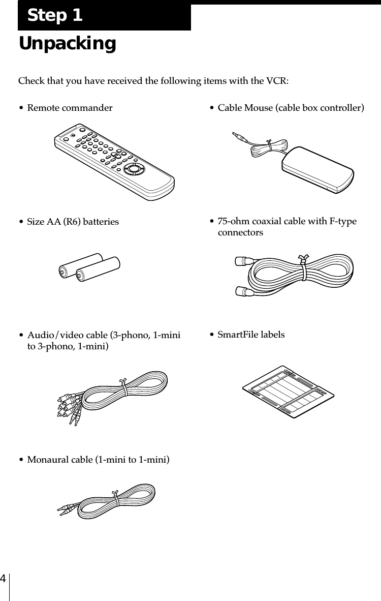 4• Remote commander• Size AA (R6) batteries• Audio/video cable (3-phono, 1-minito 3-phono, 1-mini)• Monaural cable (1-mini to 1-mini)Step 1UnpackingCheck that you have received the following items with the VCR:• Cable Mouse (cable box controller)• 75-ohm coaxial cable with F-typeconnectors• SmartFile labels