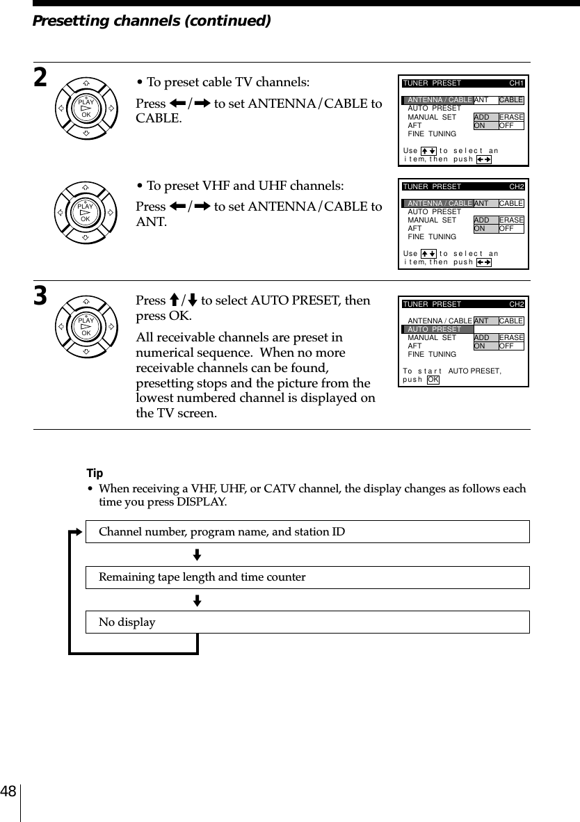 48Presetting channels (continued)2• To preset cable TV channels:Press &lt;/, to set ANTENNA/CABLE toCABLE.• To preset VHF and UHF channels:Press &lt;/, to set ANTENNA/CABLE toANT.3Press M/m to select AUTO PRESET, thenpress OK.All receivable channels are preset innumerical sequence.  When no morereceivable channels can be found,presetting stops and the picture from thelowest numbered channel is displayed onthe TV screen.Tip• When receiving a VHF, UHF, or CATV channel, the display changes as follows eachtime you press DISPLAY.Channel number, program name, and station IDRemaining tape length and time counterNo displaym,mTUNER  PRESETFINE  TUNINGAFTMANUAL  SETAUTO  PRESET ANT CABLEADD ERASEON OFFCH1ANTENNA / CABLEiUse t o s e l ec t antem, then pushTUNER  PRESETFINE  TUNINGAFTMANUAL  SETAUTO  PRESET ANT CABLEADD ERASEON OFFCH2ANTENNA / CABLEiUse t o s e l ec t antem, then pushOKPLAYOKPLAYOKPLAYTUNER  PRESETFINE  TUNINGAFTMANUAL  SETAUTO  PRESET ANT CABLEADD ERASEON OFFCH2ANTENNA / CABLETpusho s t a r t AUTO PRESET,OK