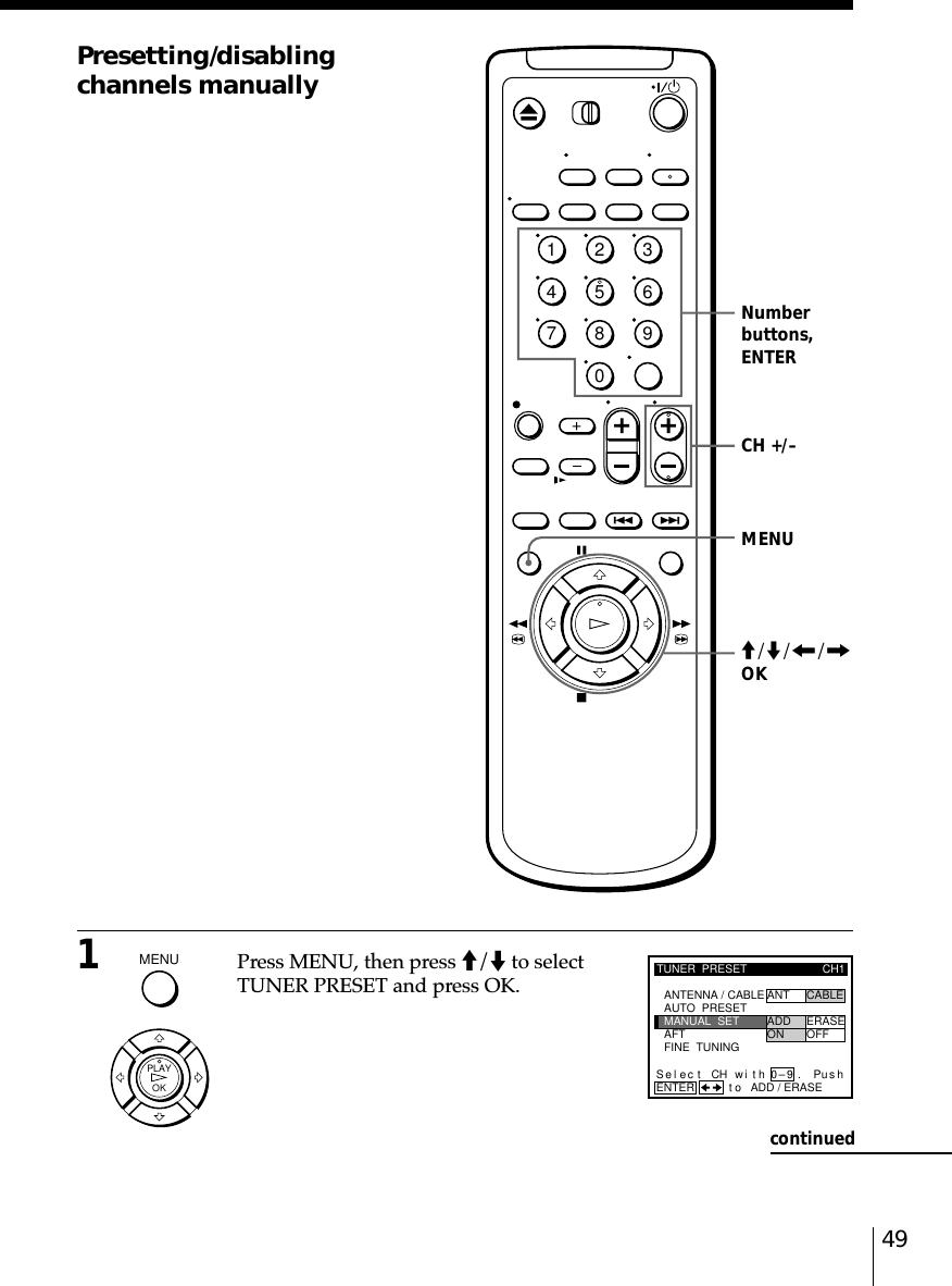 491Press MENU, then press M/m to selectTUNER PRESET and press OK.MENUNumberbuttons,ENTERCH +/–Presetting/disablingchannels manuallyTUNER  PRESETFINE  TUNINGAFTMANUAL  SETAUTO  PRESET ANT CABLEADD ERASEON OFFCH1ANTENNA / CABLEENTER.Sel CH wi th 0–9ec t t o ADD / ERASEPush.M/m/&lt;/,OKcontinued1234567890MENU  OKPLAY