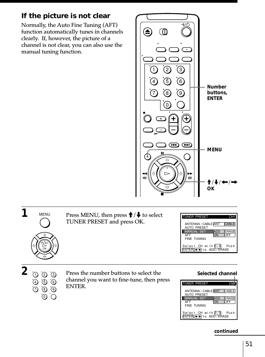 51If the picture is not clearNormally, the Auto Fine Tuning (AFT)function automatically tunes in channelsclearly.  If, however, the picture of achannel is not clear, you can also use themanual tuning function.1Press MENU, then press M/m to selectTUNER PRESET and press OK.2Press the number buttons to select thechannel you want to fine-tune, then pressENTER.Numberbuttons,ENTERMENUSelected channelTUNER  PRESETFINE  TUNINGAFTMANUAL  SETAUTO  PRESET ANT CABLEADD ERASEON OFFCH1ANTENNA / CABLEENTER.Sel CH wi th 0–9ec t t o ADD / ERASEPush.TUNER  PRESETFINE  TUNINGAFTMANUAL  SETAUTO  PRESET ANT CABLEADD ERASEON OFFCH5ANTENNA / CABLEENTER.Sel CH wi th 0–9ec t Pusht o ADD / ERASE.M/m/&lt;/,OKcontinued1234567890MENU  OKPLAY1234567890