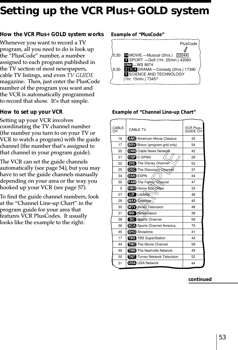 53Example of “PlusCode”Setting up the VCR Plus+ GOLD systemHow the VCR Plus+ GOLD system worksWhenever you want to record a TVprogram, all you need to do is look upthe “PlusCode” number, a numberassigned to each program published inthe TV section of most newspapers,cable TV listings, and even TV GUIDEmagazine.  Then, just enter the PlusCodenumber of the program you want andthe VCR is automatically programmedto record that show.  It’s that simple.How to set up your VCRSetting up your VCR involvescoordinating the TV channel number(the number you turn to on your TV orVCR to watch a program) with the guidechannel (the number that’s assigned tothat channel in your program guide).The VCR can set the guide channelsautomatically (see page 54), but you mayhave to set the guide channels manuallydepending on your area or the way youhooked up your VCR (see page 57).To find the guide channel numbers, lookat the “Channel Line-up Chart” in theprogram guide for your area thatfeatures VCR PlusCodes.  It usuallylooks like the example to the right.Example of “Channel Line-up Chart”5:306:30PlusCode142CNN2345SCIENCE AND TECHNOLOGY(1hr. 15min.) 73457DRAMAWS 9974SPORTMOVIE Musical (2hrs.)  33044Golf (1hr. 25min.) 42060Comedy (2hrs.) 17390SAMPLECABLE TVAMCBRVCNNCSPDISDSCESNFAMHBOLIFMAXMTVNIKSCSCASHOTBSTMCTNNTNTUSAVCR Plus+GUIDE CH355442285337344733464548385970414358495244American Movie ClassicsBravo (program grid only)Cable News NetworkC-SPANThe Disney ChannelThe Discovery ChannelESPNThe Family ChannelHome Box OfficeLifetimeCinemaxMusic TelevisionNickelodeonSports ChannelSports Channel AmericaShowtimeTBS SuperStationThe Movie ChannelThe Nashville NetworkTurner Network TelevisionUSA NetworkCABLECH16172021222534355272931383945174449505130continued