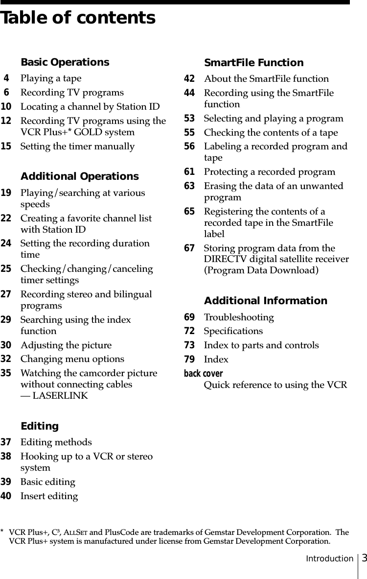 3Introduction* VCR Plus+, C3, ALLSET and PlusCode are trademarks of Gemstar Development Corporation.  TheVCR Plus+ system is manufactured under license from Gemstar Development Corporation.Table of contentsBasic Operations4Playing a tape6Recording TV programs10 Locating a channel by Station ID12 Recording TV programs using theVCR Plus+* GOLD system15 Setting the timer manuallyAdditional Operations19 Playing/searching at variousspeeds22 Creating a favorite channel listwith Station ID24 Setting the recording durationtime25 Checking/changing/cancelingtimer settings27 Recording stereo and bilingualprograms29 Searching using the indexfunction30 Adjusting the picture32 Changing menu options35 Watching the camcorder picturewithout connecting cables— LASER␣LINKEditing37 Editing methods38 Hooking up to a VCR or stereosystem39 Basic editing40 Insert editingSmartFile Function42 About the SmartFile function44 Recording using the SmartFilefunction53 Selecting and playing a program55 Checking the contents of a tape56 Labeling a recorded program andtape61 Protecting a recorded program63 Erasing the data of an unwantedprogram65 Registering the contents of arecorded tape in the SmartFilelabel67 Storing program data from theDIRECTV digital satellite receiver(Program Data Download)Additional Information69 Troubleshooting72 Specifications73 Index to parts and controls79 Indexback coverQuick reference to using the VCR