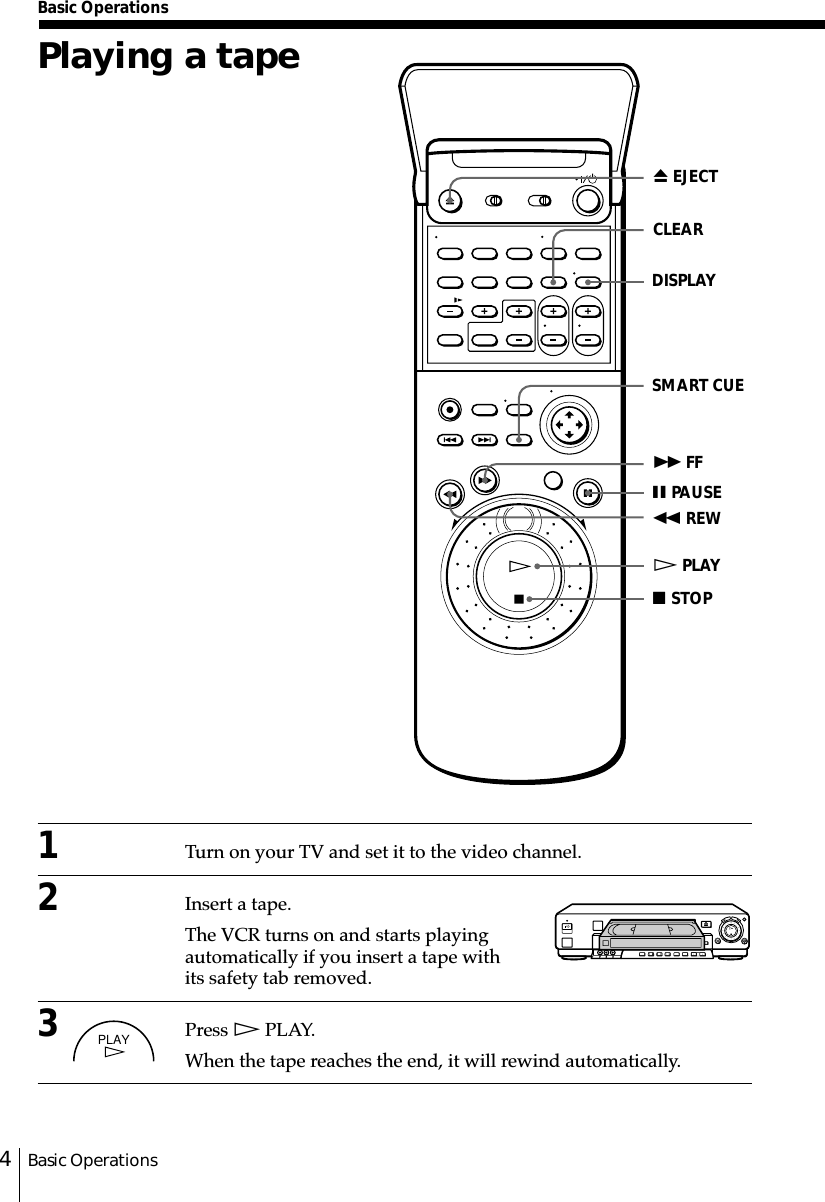 Basic Operations4Basic OperationsPlaying a tape1Turn on your TV and set it to the video channel.2Insert a tape.The VCR turns on and starts playingautomatically if you insert a tape withits safety tab removed.3Press HPLAY.When the tape reaches the end, it will rewind automatically.Z EJECTX PAUSEH PLAYx STOPM FFm REWSMART CUECLEARDISPLAYPLAY