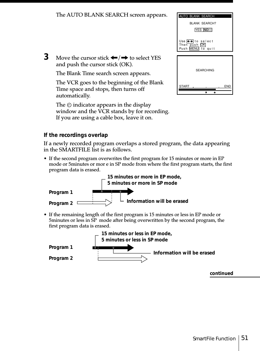 51SmartFile FunctionThe AUTO BLANK SEARCH screen appears.3Move the cursor stick &lt;/, to select YESand push the cursor stick (OK).The Blank Time search screen appears.The VCR goes to the beginning of the BlankTime space and stops, then turns offautomatically.The   indicator appears in the displaywindow and the VCR stands by for recording.If you are using a cable box, leave it on.If the recordings overlapIf a newly recorded program overlaps a stored program, the data appearingin the SMARTFILE list is as follows.• If the second program overwrites the first program for 15 minutes or more in EPmode or 5␣minutes or mor e in SP mode from where the first program starts, the firstprogram data is erased.• If the remaining length of the first program is 15 minutes or less in EP mode or5␣minutes or less in SP  mode after being overwritten by the second program, thefirst program data is erased.SEARCHINGSTART ENDAUTO  BLANK  SEARCHBLANK  SEARCH?Use t o s e l ec tThen pushPus h MENU to quitYES NOOKcontinuedProgram 1Program 2Program 1Program 2Information will be erasedInformation will be erased15 minutes or more in EP mode,5 minutes or more in SP mode15 minutes or less in EP mode,5 minutes or less in SP mode