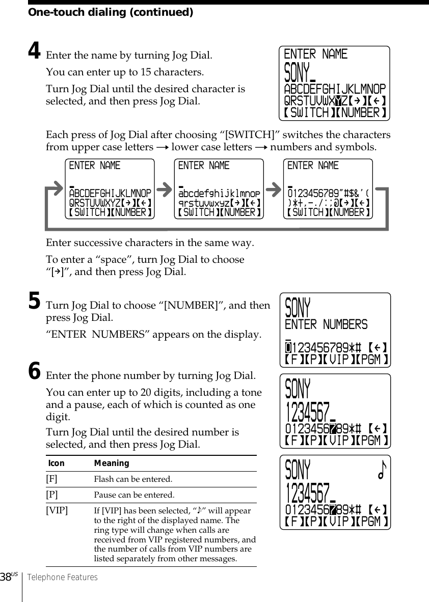 38US Telephone FeaturesOne-touch dialing (continued)4Enter the name by turning Jog Dial.You can enter up to 15 characters.Turn Jog Dial until the desired character isselected, and then press Jog Dial.Each press of Jog Dial after choosing “[SWITCH]” switches the charactersfrom upper case letters t lower case letters t numbers and symbols.Enter successive characters in the same way.To enter a “space”, turn Jog Dial to choose“[p]”, and then press Jog Dial.5Turn Jog Dial to choose “[NUMBER]”, and thenpress Jog Dial.“ENTER  NUMBERS” appears on the display.6Enter the phone number by turning Jog Dial.You can enter up to 20 digits, including a toneand a pause, each of which is counted as onedigit.Turn Jog Dial until the desired number isselected, and then press Jog Dial. Icon Meaning[F] Flash can be entered.[P] Pause can be entered.[VIP] If [VIP] has been selected, “9” will appearto the right of the displayed name. Thering type will change when calls arereceived from VIP registered numbers, andthe number of calls from VIP numbers arelisted separately from other messages.ENTER NAMESONY_ABCDEFGHIJKLMNOPQRSTUVWXYZ SWITCH  NUMBERENTER NAME_ABCDEFGHIJKLMNOPQRSTUVWXYZ SWITCH  NUMBERENTER NAME_abcdefghijklmnopqrstuvwxyz SWITCH  NUMBERENTER NAME_0123456789&quot;#$&amp;&apos;()*+,-./:; SWITCH  NUMBERSONY1234567_0123456789*# F  P  VIP  PGMSONY1234567_0123456789*# F  P  VIP  PGMSONYENTER NUMBERS_0123456789*# F  P  VIP  PGM