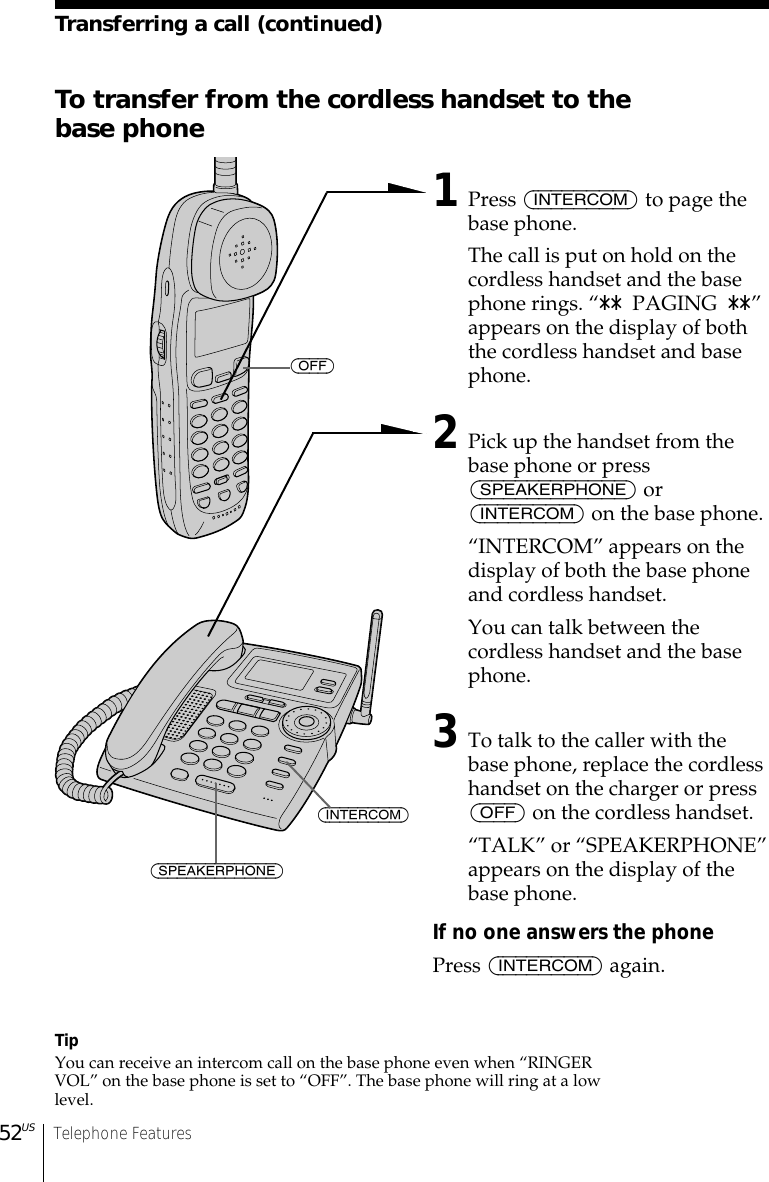 52US Telephone FeaturesTo transfer from the cordless handset to thebase phone1Press (INTERCOM) to page thebase phone.The call is put on hold on thecordless handset and the basephone rings. “**  PAGING  **”appears on the display of boththe cordless handset and basephone.2Pick up the handset from thebase phone or press(SPEAKERPHONE) or(INTERCOM) on the base phone.“INTERCOM” appears on thedisplay of both the base phoneand cordless handset.You can talk between thecordless handset and the basephone.3To talk to the caller with thebase phone, replace the cordlesshandset on the charger or press(OFF) on the cordless handset.“TALK” or “SPEAKERPHONE”appears on the display of thebase phone.If no one answers the phonePress (INTERCOM) again.TipYou can receive an intercom call on the base phone even when “RINGERVOL” on the base phone is set to “OFF”. The base phone will ring at a lowlevel.(OFF)Transferring a call (continued)(SPEAKERPHONE)(INTERCOM)