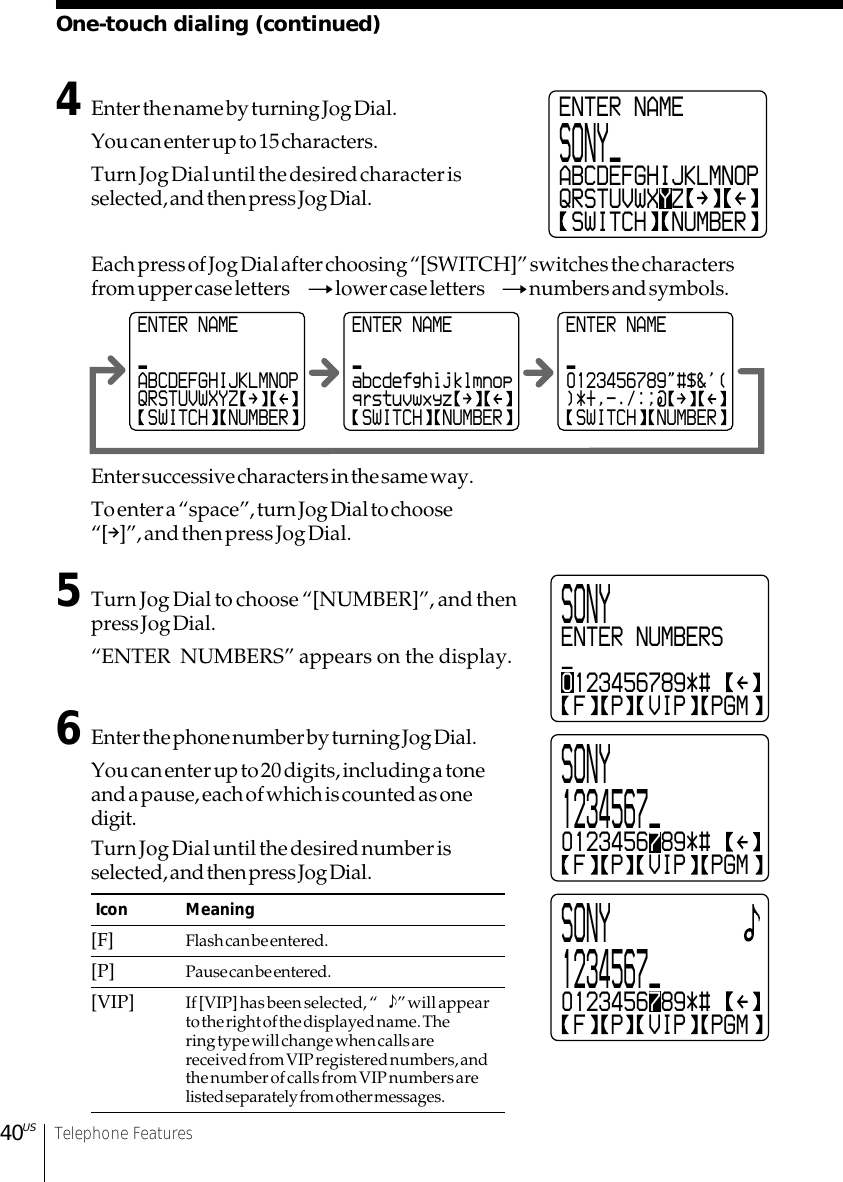 40US Telephone FeaturesOne-touch dialing (continued)4Enter the name by turning Jog Dial.You can enter up to 15 characters.Turn Jog Dial until the desired character isselected, and then press Jog Dial.Each press of Jog Dial after choosing “[SWITCH]” switches the charactersfrom upper case letters  t lower case letters  t numbers and symbols.Enter successive characters in the same way.To enter a “space”, turn Jog Dial to choose“[p]”, and then press Jog Dial.5Turn Jog Dial to choose “[NUMBER]”, and thenpress Jog Dial.“ENTER  NUMBERS” appears on the display.6Enter the phone number by turning Jog Dial.You can enter up to 20 digits, including a toneand a pause, each of which is counted as onedigit.Turn Jog Dial until the desired number isselected, and then press Jog Dial. Icon Meaning[F] Flash can be entered.[P] Pause can be entered.[VIP] If [VIP] has been selected, “ 9” will appearto the right of the displayed name. Thering type will change when calls arereceived from VIP registered numbers, andthe number of calls from VIP numbers arelisted separately from other messages.ENTER NAME_ABCDEFGHIJKLMNOPQRSTUVWXYZ SWITCH  NUMBERENTER NAME_abcdefghijklmnopqrstuvwxyz SWITCH  NUMBERENTER NAME_0123456789&quot;#$&amp;&apos;()*+,-./:; SWITCH  NUMBERENTER NAMESONY_ABCDEFGHIJKLMNOPQRSTUVWXYZ SWITCH  NUMBERSONYENTER NUMBERS_0123456789*# F  P  VIP  PGMSONY1234567_0123456789*# F  P  VIP  PGMSONY1234567_0123456789*# F  P  VIP  PGM