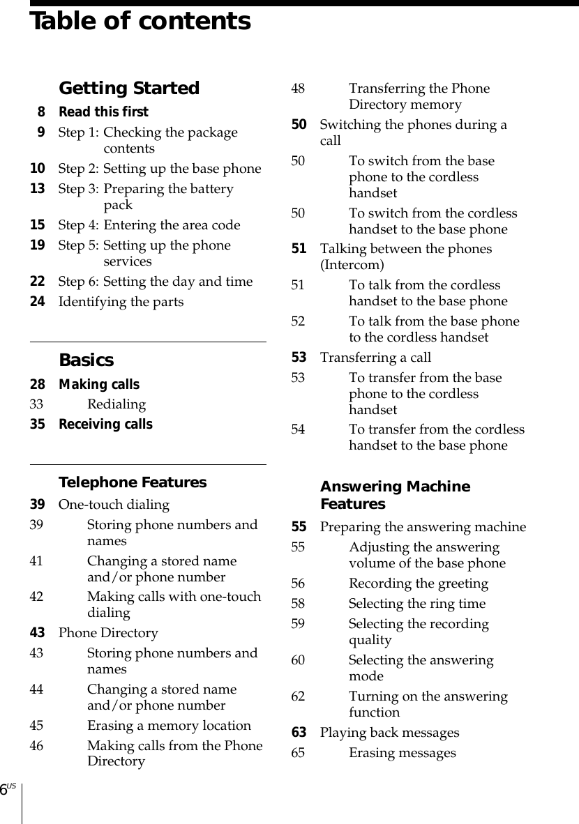 6USTable of contentsGetting Started  8 Read this first  9 Step 1: Checking the packagecontents10 Step 2: Setting up the base phone13 Step 3: Preparing the batterypack15 Step 4: Entering the area code19 Step 5: Setting up the phoneservices22 Step 6: Setting the day and time24 Identifying the partsBasics28 Making calls33 Redialing35 Receiving callsTelephone Features39 One-touch dialing39 Storing phone numbers andnames41 Changing a stored nameand/or phone number42 Making calls with one-touchdialing43 Phone Directory43 Storing phone numbers andnames44 Changing a stored nameand/or phone number45 Erasing a memory location46 Making calls from the PhoneDirectory48 Transferring the PhoneDirectory memory50 Switching the phones during acall50 To switch from the basephone to the cordlesshandset50 To switch from the cordlesshandset to the base phone51 Talking between the phones(Intercom)51 To talk from the cordlesshandset to the base phone52 To talk from the base phoneto the cordless handset53 Transferring a call53 To transfer from the basephone to the cordlesshandset54 To transfer from the cordlesshandset to the base phoneAnswering MachineFeatures55 Preparing the answering machine55 Adjusting the answeringvolume of the base phone56 Recording the greeting58 Selecting the ring time59 Selecting the recordingquality60 Selecting the answeringmode62 Turning on the answeringfunction63 Playing back messages65 Erasing messages