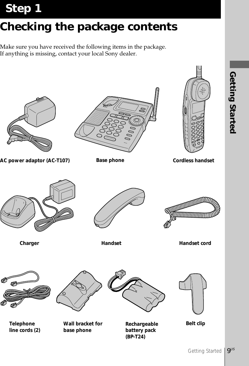 Getting Started9USGetting StartedTelephoneline cords (2)Cordless handsetAC power adaptor (AC-T107)Wall bracket forbase phoneBase phoneRechargeablebattery pack(BP-T24)Step 1Checking the package contentsMake sure you have received the following items in the package.If anything is missing, contact your local Sony dealer.Charger Handset Handset cordBelt clip