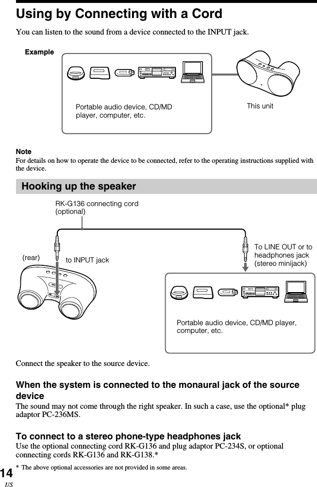 14USUsing by Connecting with a CordYou can listen to the sound from a device connected to the INPUT jack.NoteFor details on how to operate the device to be connected, refer to the operating instructions supplied withthe device.Hooking up the speakerConnect the speaker to the source device.When the system is connected to the monaural jack of the sourcedeviceThe sound may not come through the right speaker. In such a case, use the optional* plugadaptor PC-236MS.To connect to a stereo phone-type headphones jackUse the optional connecting cord RK-G136 and plug adaptor PC-234S, or optionalconnecting cords RK-G136 and RK-G138.**The above optional accessories are not provided in some areas.ExamplePortable audio device, CD/MDplayer, computer, etc.This unitto INPUT jack(rear)To LINE OUT or toheadphones jack(stereo minijack)RK-G136 connecting cord(optional)Portable audio device, CD/MD player,computer, etc.