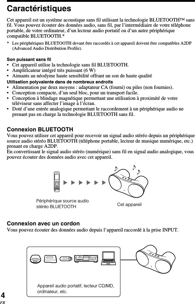 4FRCaractéristiquesCet appareil est un système acoustique sans fil utilisant la technologie BLUETOOTH™ sansfil. Vous pouvez écouter des données audio, sans fil, par l’intermédiaire de votre téléphoneportable, de votre ordinateur, d’un lecteur audio portatif ou d’un autre périphériquecompatible BLUETOOTH.**Les périphériques BLUETOOTH devant être raccordés à cet appareil doivent être compatibles A2DP(Advanced Audio Distribution Profile).Son puissant sans fil•Cet appareil utilise la technologie sans fil BLUETOOTH.•Amplificateur intégré très puissant (6 W)•Aimants au néodyme haute sensibilité offrant un son de haute qualitéUtilisation polyvalente dans de nombreux endroits•Alimentation par deux moyens : adaptateur CA (fourni) ou piles (non fournies).•Conception compacte, d’un seul bloc, pour un transport facile.• Conception à blindage magnétique permettant une utilisation à proximité de votretéléviseur sans affecter l’image à l’écran.• Doté d’une entrée analogique permettant le raccordement à un périphérique audio neprenant pas en charge la technologie BLUETOOTH sans fil.Connexion BLUETOOTHVous pouvez utiliser cet appareil pour recevoir un signal audio stéréo depuis un périphériquesource audio stéréo BLUETOOTH (téléphone portable, lecteur de musique numérique, etc.)prenant en charge A2DP.En convertissant le signal audio stéréo (numérique) sans fil en signal audio analogique, vouspouvez écouter des données audio avec cet appareil.Connexion avec un cordonVous pouvez écouter des données audio depuis l’appareil raccordé à la prise INPUT.Cet appareilPériphérique source audiostéréo BLUETOOTHAppareil audio portatif, lecteur CD/MD,ordinateur, etc.