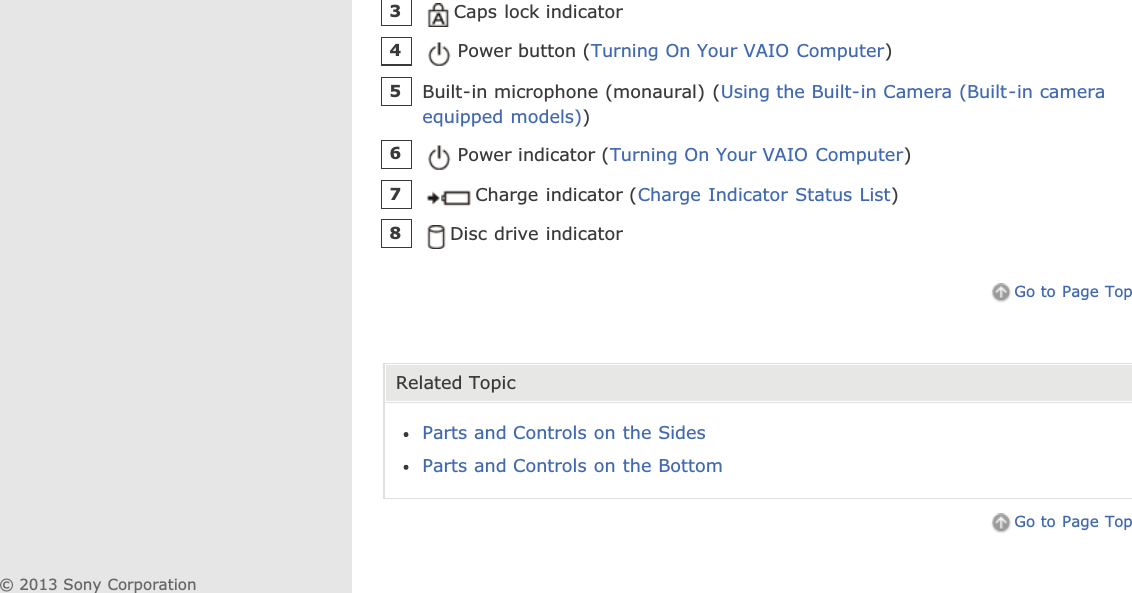 Go to Page TopRelated TopicParts and Controls on the SidesParts and Controls on the BottomGo to Page TopCaps lock indicator3Power button (Turning On Your VAIO Computer)4Built-in microphone (monaural) (Using the Built-in Camera (Built-in cameraequipped models))5Power indicator (Turning On Your VAIO Computer)6Charge indicator (Charge Indicator Status List)7Disc drive indicator8© 2013 Sony Corporation