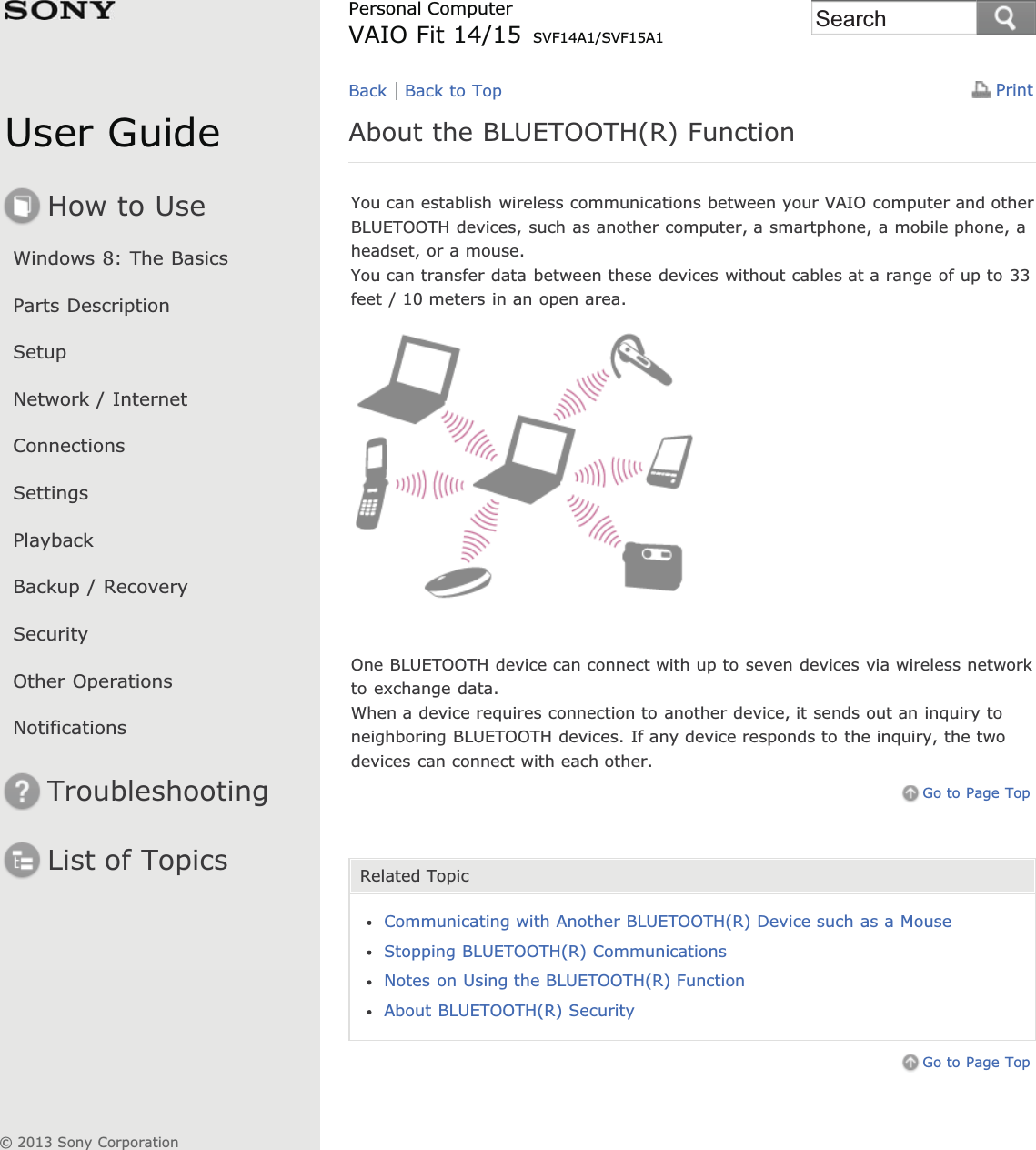 User GuideHow to UseWindows 8: The BasicsParts DescriptionSetupNetwork / InternetConnectionsSettingsPlaybackBackup / RecoverySecurityOther OperationsNotificationsTroubleshootingList of TopicsPrintPersonal ComputerVAIO Fit 14/15 SVF14A1/SVF15A1About the BLUETOOTH(R) FunctionYou can establish wireless communications between your VAIO computer and otherBLUETOOTH devices, such as another computer, a smartphone, a mobile phone, aheadset, or a mouse.You can transfer data between these devices without cables at a range of up to 33feet / 10 meters in an open area.One BLUETOOTH device can connect with up to seven devices via wireless networkto exchange data.When a device requires connection to another device, it sends out an inquiry toneighboring BLUETOOTH devices. If any device responds to the inquiry, the twodevices can connect with each other.Go to Page TopRelated TopicCommunicating with Another BLUETOOTH(R) Device such as a MouseStopping BLUETOOTH(R) CommunicationsNotes on Using the BLUETOOTH(R) FunctionAbout BLUETOOTH(R) SecurityGo to Page TopBack Back to Top© 2013 Sony CorporationSearch