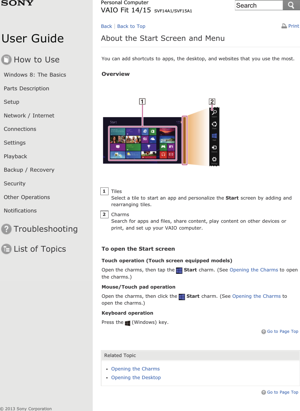 User GuideHow to UseWindows 8: The BasicsParts DescriptionSetupNetwork / InternetConnectionsSettingsPlaybackBackup / RecoverySecurityOther OperationsNotificationsTroubleshootingList of TopicsPrintPersonal ComputerVAIO Fit 14/15 SVF14A1/SVF15A1About the Start Screen and MenuYou can add shortcuts to apps, the desktop, and websites that you use the most.OverviewTo open the Start screenTouch operation (Touch screen equipped models)Open the charms, then tap the Start charm. (See Opening the Charms to openthe charms.)Mouse/Touch pad operationOpen the charms, then click the Start charm. (See Opening the Charms toopen the charms.)Keyboard operationPress the (Windows) key.Go to Page TopRelated TopicOpening the CharmsOpening the DesktopGo to Page TopBack Back to TopTilesSelect a tile to start an app and personalize the Start screen by adding andrearranging tiles.1CharmsSearch for apps and files, share content, play content on other devices orprint, and set up your VAIO computer.2© 2013 Sony CorporationSearch