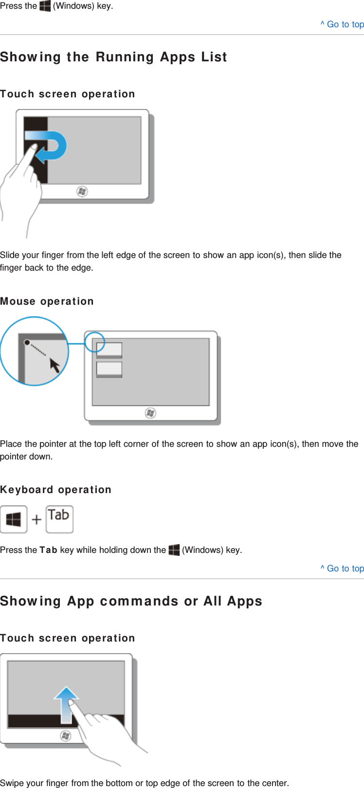 Press the   (Windows) key.^ Go to topShowing the Running Apps ListTouch screen operationSlide your finger from the left edge of the screen to show an app icon(s), then slide thefinger back to the edge.Mouse operationPlace the pointer at the top left corner of the screen to show an app icon(s), then move thepointer down.Keyboard operationPress the Tab key while holding down the   (Windows) key.^ Go to topShowing App commands or All AppsTouch screen operationSwipe your finger from the bottom or top edge of the screen to the center.