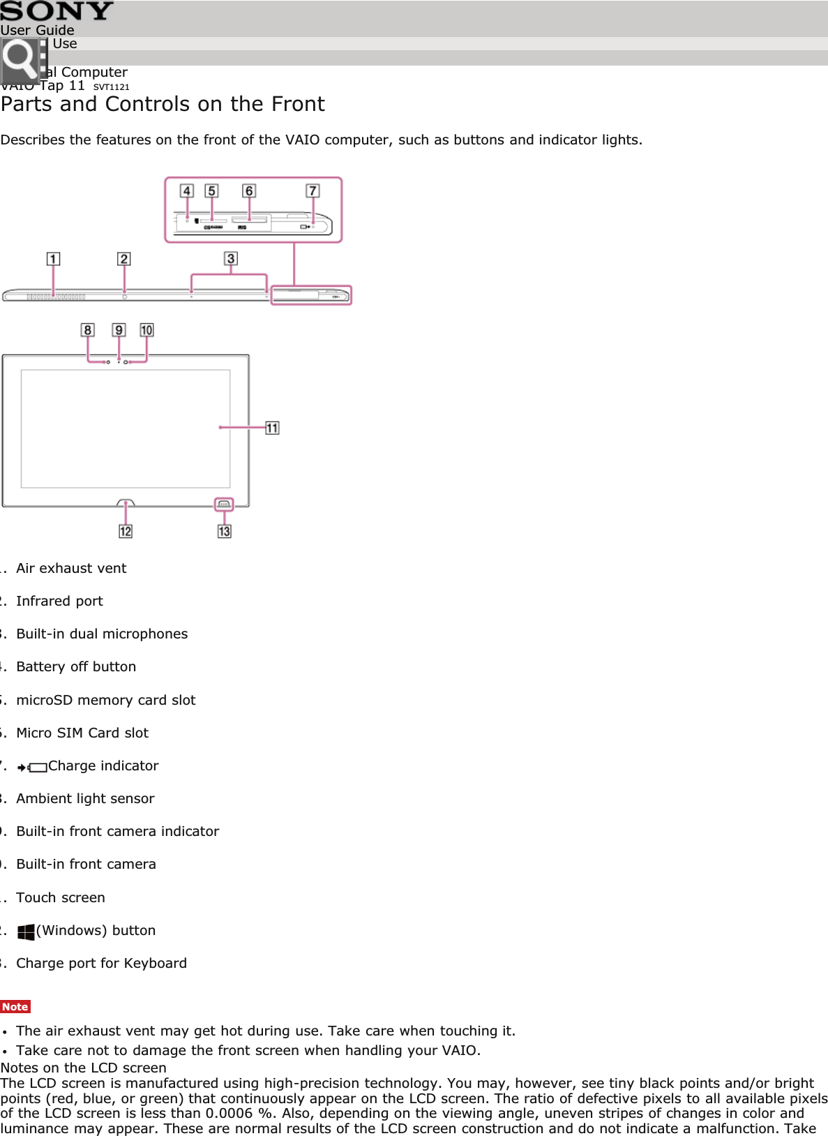 Personal ComputerVAIO Tap 11 SVT1121Parts and Controls on the FrontDescribes the features on the front of the VAIO computer, such as buttons and indicator lights.1. Air exhaust vent2. Infrared port3. Built-in dual microphones4. Battery off button5. microSD memory card slot6. Micro SIM Card slot7.Charge indicator8. Ambient light sensor9. Built-in front camera indicator0. Built-in front camera1. Touch screen2.(Windows) button3. Charge port for KeyboardNoteThe air exhaust vent may get hot during use. Take care when touching it.Take care not to damage the front screen when handling your VAIO.Notes on the LCD screenThe LCD screen is manufactured using high-precision technology. You may, however, see tiny black points and/or brightpoints (red, blue, or green) that continuously appear on the LCD screen. The ratio of defective pixels to all available pixelsof the LCD screen is less than 0.0006 %. Also, depending on the viewing angle, uneven stripes of changes in color andluminance may appear. These are normal results of the LCD screen construction and do not indicate a malfunction. TakeUser GuideHow to Use