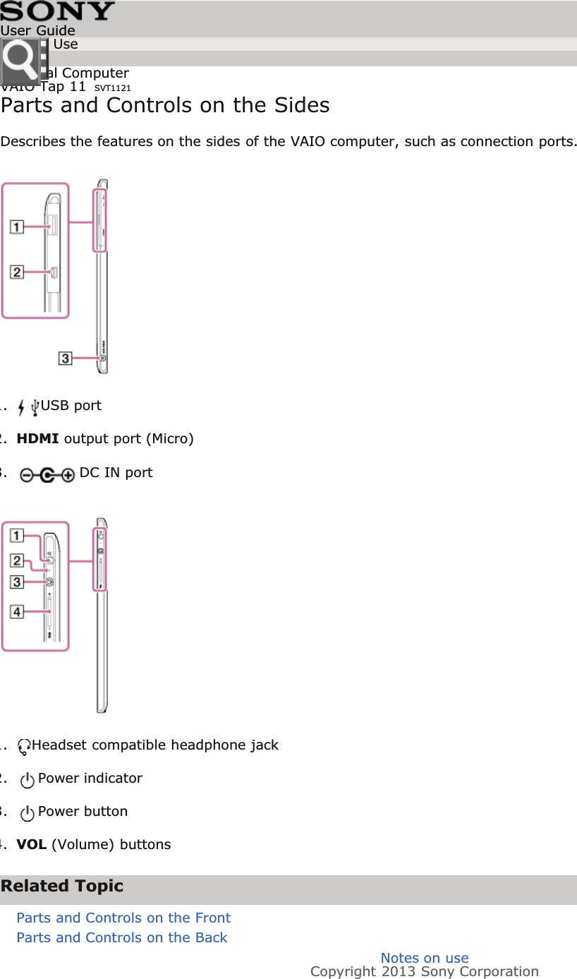 Personal ComputerVAIO Tap 11 SVT1121Parts and Controls on the SidesDescribes the features on the sides of the VAIO computer, such as connection ports.1.USB port2.HDMI output port (Micro)3.DC IN port1.Headset compatible headphone jack2.Power indicator3.Power button4.VOL (Volume) buttonsRelated TopicParts and Controls on the FrontParts and Controls on the BackNotes on useCopyright 2013 Sony CorporationUser GuideHow to Use