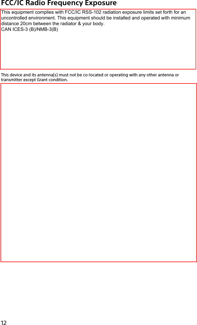 133Q_Safety_7620_US_Draft 0-000-000-00 (0)12FCC/IC Radio Frequency ExposureFor the main unitThe available scientific evidence does not show that any health problems are associated with using low power wireless devices. There is no proof, however, that these low power wireless devices are absolutely safe. Low power Wireless devices emit low levels of radio frequency energy (RF) in the microwave range while being used. Whereas high levels of RF can produce health effects (by heating tissue), exposure to low level RF that does not produce heating effects causes no known adverse health effects. Many studies of low level RF exposures have not found any biological effects. Some studies have suggested that some biological effects might occur, but such findings have not been confirmed by additional research.This equipment has been tested and found to comply with FCC/IC radiation exposure limits set forth for an uncontrolled environment and meets the FCC radio frequency (RF) Exposure Guidelines in Supplement C to OET65 and RSS-102 of the IC radio frequency (RF) Exposure rules.This device and its antenna(s) must not be co-located or operating with any other antenna or transmitter except Grant condition.For the supplied wireless keyboard and wireless mouseThis equipment complies with FCC radiation exposure limits set forth for uncontrolled environment and meets the FCC radio frequency (RF) Exposure Guidelines in Supplement C to OET65. This equipment has very low levels of RF energy that it is deemed to comply without testing of specific absorption rate (SAR).Exposition aux radiofréquences FCC/ICPour l’unité principaleSelon les preuves scientifiques disponibles, aucun problème de santé n’est associé à l’utilisation d’appareils sans fil de faible puissance. Rien ne prouve cependant que ces appareils sont absolument sans danger. Lorsqu’ils sont utilisés, les appareils sans fil de faible puissance émettent de faibles niveaux d’énergie radiofréquence (RF) dans la gamme des hyperfréquences. Bien que les niveaux élevés de radiofréquence puissent avoir un effet sur la santé (réchauffement des tissus), l’exposition à de faibles niveaux n’ayant pas d’effet thermique n’a aucun impact négatif connu sur la santé. De nombreuses études sur l’exposition aux radiofréquences de faible niveau n’ont révélé aucun effet biologique. Certaines d’entre elles ont sous-entendu qu’il pourrait y avoir de tels effets, mais leurs résultats n’ont pas été confirmés par des recherches supplémentaires.Cet equipement a ete teste et s’est avere conforme aux limites d’exposition aux rayonnements definies par la FCC et IC pour l’environnement non controle ; il repond aux regles sur l’exposition aux rayonnements RF (radiofrequence) figurant dans le Supplement C de la norme OET65 de la FCC et a celles de la norme RSS-102 d’IC.Cet appareil et sa ou ses antennes ne doivent pas être placés à proximité d’autres antennes ou émetteurs ni fonctionner avec eux, sauf autorisation spéciale.Pour le clavier et la souris sans fil compris avec ce produitCet equipement est conforme aux limites d’exposition au rayonnement de la FCC/IC pour un environnement non controle et satisfait les normes d’exposition aux radiofrequences (RF) de la FCC etablies dans le supplement C ainsi que les reglements OET65 et CNR-102. Cet equipement emet de tres faibles niveaux d’energie radiofrequence censes etre conformes sans test du ratio d’absorption specifique (SAR).This equipment complies with FCC/IC RSS-102 radiation exposure limits set forth for an uncontrolled environment. This equipment should be installed and operated with minimum distance 20cm between the radiator &amp; your body. CAN ICES-3 (B)/NMB-3(B) 