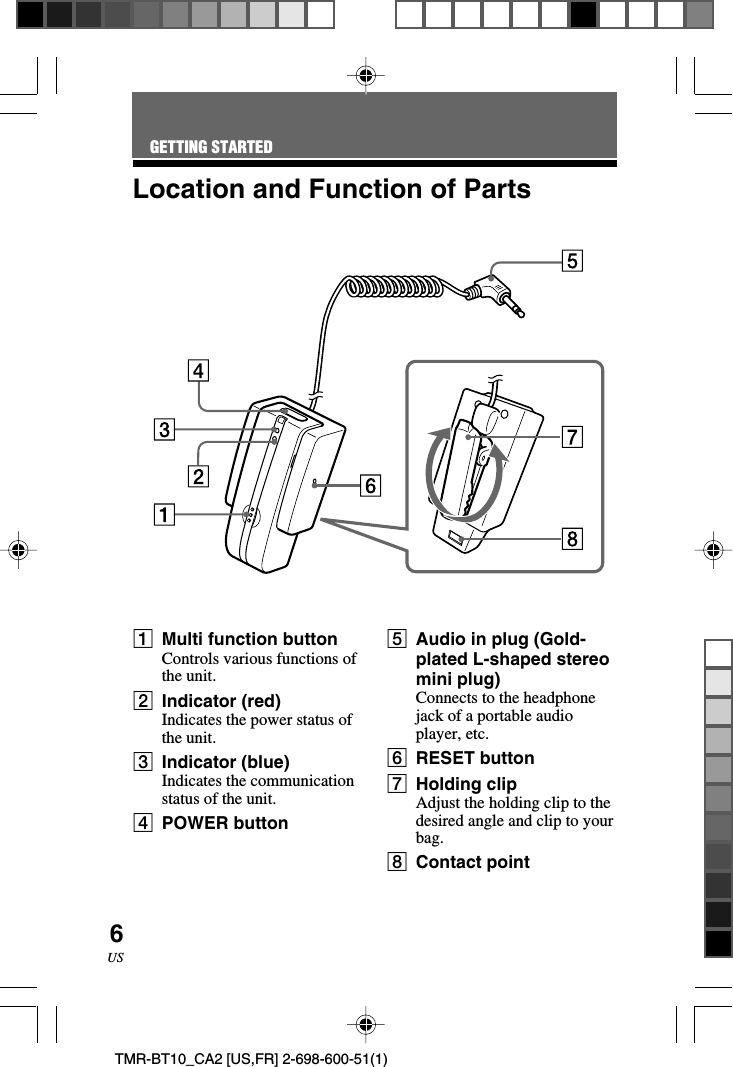 6USTMR-BT10_CA2 [US,FR] 2-698-600-51(1)Location and Function of PartsGETTING STARTED1Multi function buttonControls various functions ofthe unit.2Indicator (red)Indicates the power status ofthe unit.3Indicator (blue)Indicates the communicationstatus of the unit.4POWER button5Audio in plug (Gold-plated L-shaped stereomini plug)Connects to the headphonejack of a portable audioplayer, etc.6RESET button7Holding clipAdjust the holding clip to thedesired angle and clip to yourbag.8Contact point