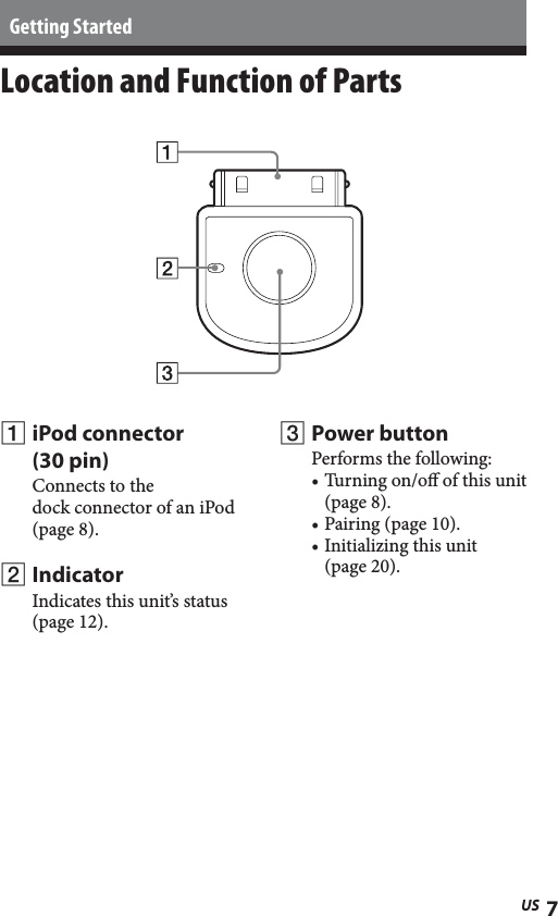7USGetting StartedLocation and Function of Parts iPod connector (30 pin)Connects to the dock connector of an iPod (page 8). IndicatorIndicates this unit’s status (page 12). Power buttonPerforms the following:• Turning on/o of this unit (page 8).• Pairing (page 10).• Initializing this unit  (page 20).