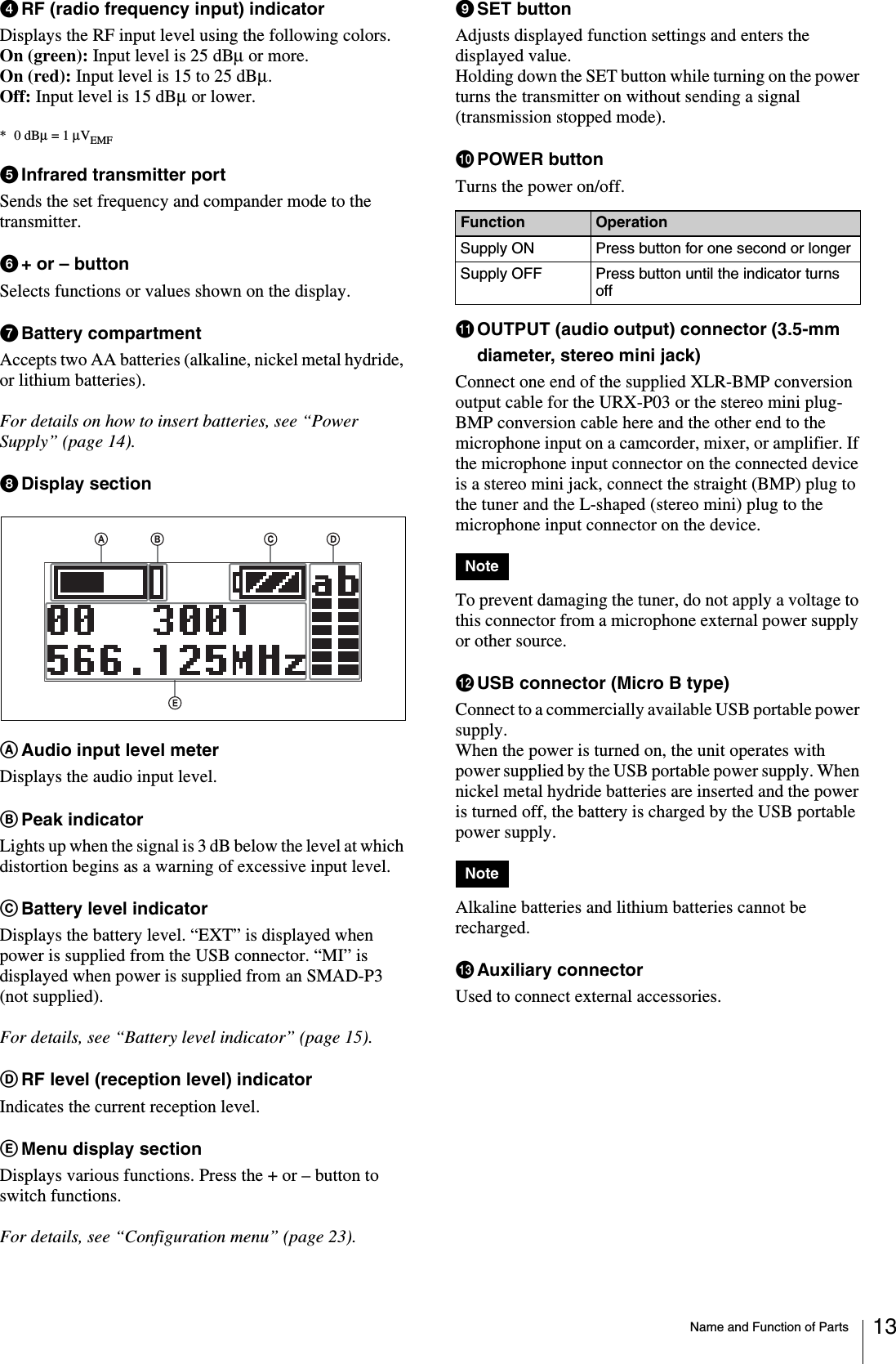 Name and Function of Parts 13dRF (radio frequency input) indicatorDisplays the RF input level using the following colors.On (green): Input level is 25 dBμ or more.On (red): Input level is 15 to 25 dBμ.Off: Input level is 15 dBμ or lower.*0 dBμ = 1 μVEMFeInfrared transmitter portSends the set frequency and compander mode to the transmitter.f+ or – buttonSelects functions or values shown on the display.gBattery compartmentAccepts two AA batteries (alkaline, nickel metal hydride, or lithium batteries).For details on how to insert batteries, see “Power Supply” (page 14).hDisplay sectionAAudio input level meterDisplays the audio input level.BPeak indicatorLights up when the signal is 3 dB below the level at which distortion begins as a warning of excessive input level.CBattery level indicatorDisplays the battery level. “EXT” is displayed when power is supplied from the USB connector. “MI” is displayed when power is supplied from an SMAD-P3 (not supplied).For details, see “Battery level indicator” (page 15).DRF level (reception level) indicatorIndicates the current reception level. EMenu display sectionDisplays various functions. Press the + or – button to switch functions.For details, see “Configuration menu” (page 23).iSET buttonAdjusts displayed function settings and enters the displayed value.Holding down the SET button while turning on the power turns the transmitter on without sending a signal (transmission stopped mode).jPOWER buttonTurns the power on/off. kOUTPUT (audio output) connector (3.5-mm diameter, stereo mini jack)Connect one end of the supplied XLR-BMP conversion output cable for the URX-P03 or the stereo mini plug-BMP conversion cable here and the other end to the microphone input on a camcorder, mixer, or amplifier. If the microphone input connector on the connected device is a stereo mini jack, connect the straight (BMP) plug to the tuner and the L-shaped (stereo mini) plug to the microphone input connector on the device.To prevent damaging the tuner, do not apply a voltage to this connector from a microphone external power supply or other source.lUSB connector (Micro B type)Connect to a commercially available USB portable power supply.When the power is turned on, the unit operates with power supplied by the USB portable power supply. When nickel metal hydride batteries are inserted and the power is turned off, the battery is charged by the USB portable power supply.Alkaline batteries and lithium batteries cannot be recharged.mAuxiliary connectorUsed to connect external accessories.Function OperationSupply ON Press button for one second or longerSupply OFF Press button until the indicator turns offNoteNote