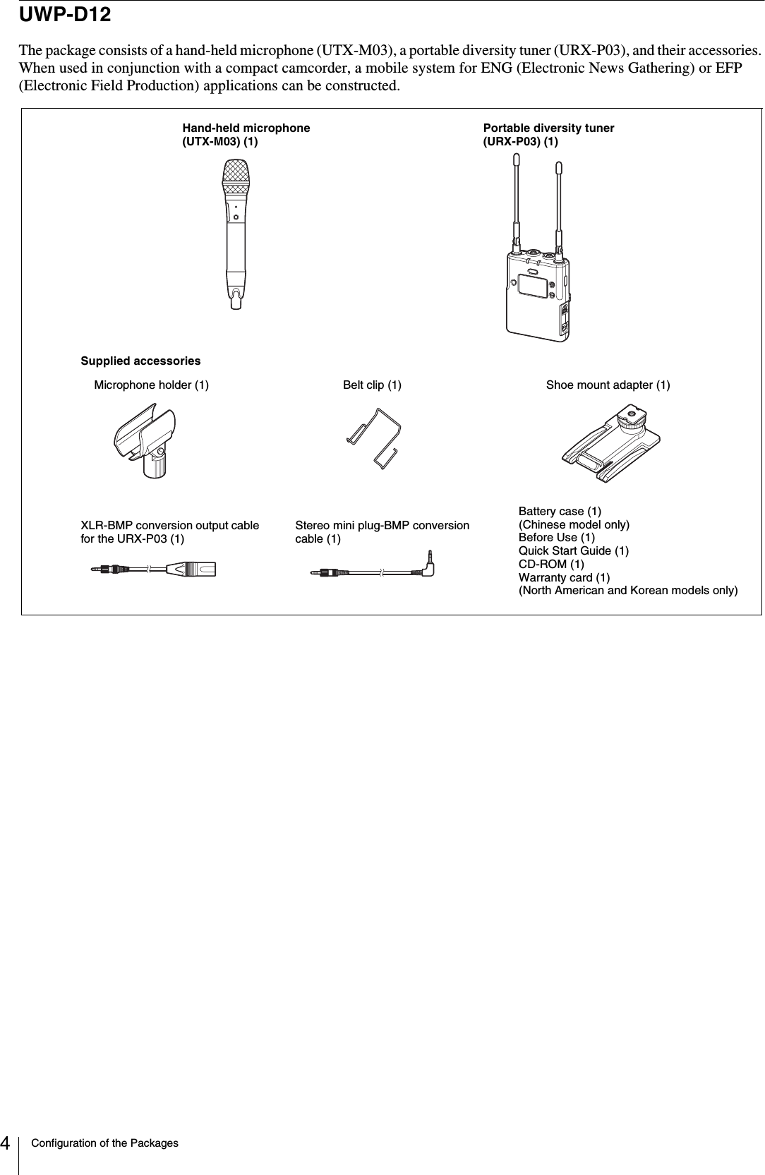 Configuration of the Packages4UWP-D12The package consists of a hand-held microphone (UTX-M03), a portable diversity tuner (URX-P03), and their accessories. When used in conjunction with a compact camcorder, a mobile system for ENG (Electronic News Gathering) or EFP (Electronic Field Production) applications can be constructed.Microphone holder (1)XLR-BMP conversion output cable for the URX-P03 (1)Shoe mount adapter (1)Belt clip (1)Battery case (1) (Chinese model only)Before Use (1)Quick Start Guide (1)CD-ROM (1)Warranty card (1) (North American and Korean models only)Stereo mini plug-BMP conversion cable (1)Supplied accessoriesHand-held microphone (UTX-M03) (1)Portable diversity tuner (URX-P03) (1)