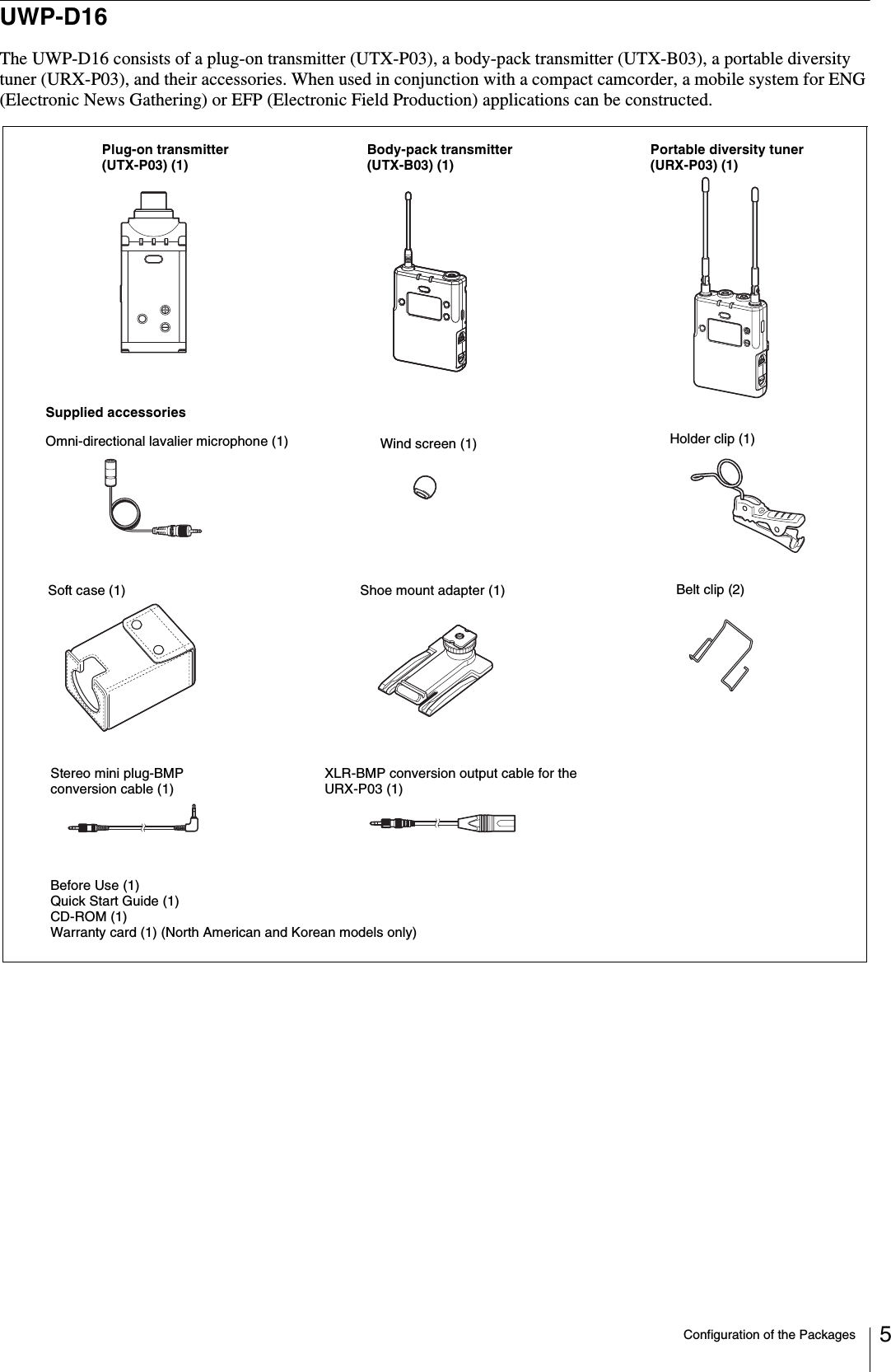 Configuration of the Packages 5UWP-D16The UWP-D16 consists of a plug-on transmitter (UTX-P03), a body-pack transmitter (UTX-B03), a portable diversity tuner (URX-P03), and their accessories. When used in conjunction with a compact camcorder, a mobile system for ENG (Electronic News Gathering) or EFP (Electronic Field Production) applications can be constructed.Body-pack transmitter (UTX-B03) (1)Portable diversity tuner (URX-P03) (1)Supplied accessoriesSoft case (1)Plug-on transmitter (UTX-P03) (1)Shoe mount adapter (1) Belt clip (2)Wind screen (1) Holder clip (1)Stereo mini plug-BMP conversion cable (1)XLR-BMP conversion output cable for the URX-P03 (1)Omni-directional lavalier microphone (1)Before Use (1)Quick Start Guide (1)CD-ROM (1)Warranty card (1) (North American and Korean models only)