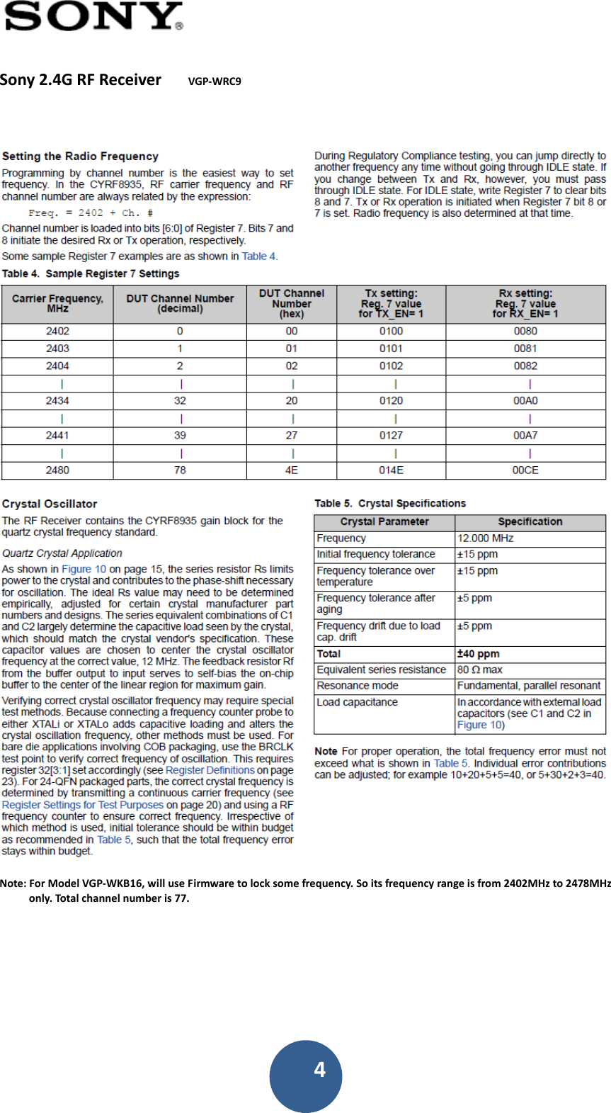 4Sony2.4GRFReceiverVGP‐WRC9Note:ForModelVGP‐WKB16,willuseFirmwaretolocksomefrequency.Soitsfrequencyrangeisfrom2402MHzto2478MHzonly.Total channelnumberis77.