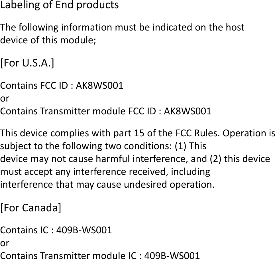 Labeling of End productsThe following information must be indicated on the host device of this module;[For U.S.A.]Contains FCC ID : AK8WS001orContains Transmitter module FCC ID : AK8WS001This device complies with part 15 of the FCC Rules. Operation is subject to the following two conditions: (1) Thisdevice may not cause harmful interference, and (2) this device must accept any interference received, includinginterference that may cause undesired operation.interference that may cause undesired operation.[For Canada]Contains IC : 409B-WS001orContains Transmitter module IC : 409B-WS001