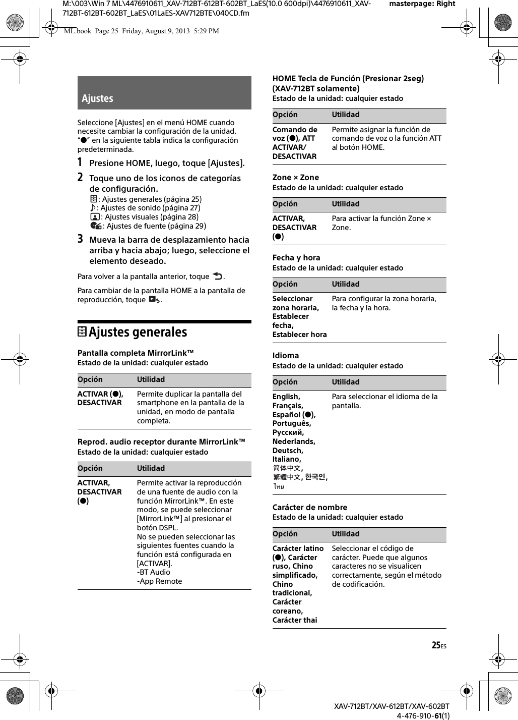 25ESM:\003\Win 7 ML\4476910611_XAV-712BT-612BT-602BT_LaES(10.0 600dpi)\4476910611_XAV-712BT-612BT-602BT_LaES\01LaES-XAV712BTE\040CD.fmmasterpage: RightXAV-712BT/XAV-612BT/XAV-602BT4-476-910-61(1)Seleccione [Ajustes] en el menú HOME cuando necesite cambiar la configuración de la unidad.“” en la siguiente tabla indica la configuración predeterminada.1Presione HOME, luego, toque [Ajustes].2Toque uno de los iconos de categorías de configuración.: Ajustes generales (página 25): Ajustes de sonido (página 27): Ajustes visuales (página 28): Ajustes de fuente (página 29)3Mueva la barra de desplazamiento hacia arriba y hacia abajo; luego, seleccione el elemento deseado.Para volver a la pantalla anterior, toque  .Para cambiar de la pantalla HOME a la pantalla de reproducción, toque  .Ajustes generalesPantalla completa MirrorLink™Estado de la unidad: cualquier estadoReprod. audio receptor durante MirrorLink™Estado de la unidad: cualquier estadoHOME Tecla de Función (Presionar 2seg)(XAV-712BT solamente)Estado de la unidad: cualquier estadoZone × ZoneEstado de la unidad: cualquier estadoFecha y horaEstado de la unidad: cualquier estadoIdiomaEstado de la unidad: cualquier estadoCarácter de nombreEstado de la unidad: cualquier estadoAjustesOpción UtilidadACTIVAR (), DESACTIVARPermite duplicar la pantalla del smartphone en la pantalla de la unidad, en modo de pantalla completa.Opción UtilidadACTIVAR, DESACTIVAR ()Permite activar la reproducción de una fuente de audio con la función MirrorLink™. En este modo, se puede seleccionar [MirrorLink™] al presionar el botón DSPL.No se pueden seleccionar las siguientes fuentes cuando la función está configurada en [ACTIVAR].-BT Audio-App RemoteOpción UtilidadComando de voz (), ATT ACTIVAR/DESACTIVARPermite asignar la función de comando de voz o la función ATT al botón HOME.Opción UtilidadACTIVAR, DESACTIVAR ()Para activar la función Zone × Zone.Opción UtilidadSeleccionar zona horaria, Establecer fecha, Establecer horaPara configurar la zona horaria, la fecha y la hora.Opción UtilidadEnglish, Français,Español (),Português, Русский,Nederlands,Deutsch,Italiano, , , , Para seleccionar el idioma de la pantalla.Opción UtilidadCarácter latino (), Carácter ruso, Chino simplificado, Chino tradicional, Carácter coreano, Carácter thaiSeleccionar el código de carácter. Puede que algunos caracteres no se visualicen correctamente, según el método de codificación.ML.book  Page 25  Friday, August 9, 2013  5:29 PM
