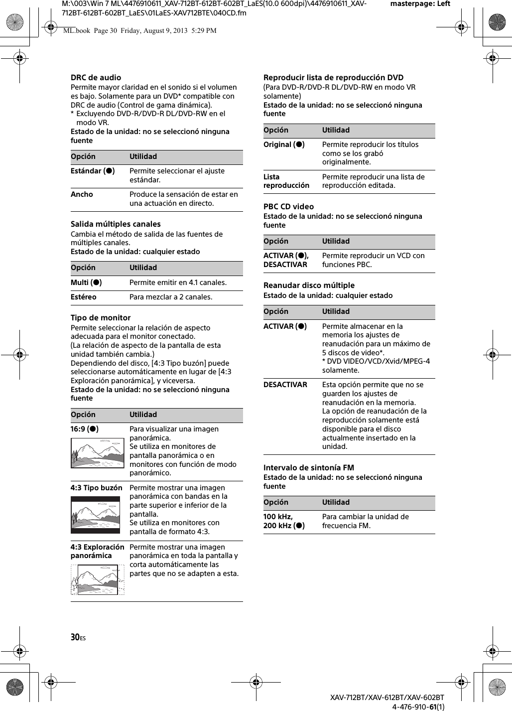 30ESM:\003\Win 7 ML\4476910611_XAV-712BT-612BT-602BT_LaES(10.0 600dpi)\4476910611_XAV-712BT-612BT-602BT_LaES\01LaES-XAV712BTE\040CD.fmmasterpage: LeftXAV-712BT/XAV-612BT/XAV-602BT4-476-910-61(1)DRC de audioPermite mayor claridad en el sonido si el volumen es bajo. Solamente para un DVD* compatible con DRC de audio (Control de gama dinámica).* Excluyendo DVD-R/DVD-R DL/DVD-RW en el modo VR.Estado de la unidad: no se seleccionó ninguna fuenteSalida múltiples canalesCambia el método de salida de las fuentes de múltiples canales.Estado de la unidad: cualquier estadoTipo de monitorPermite seleccionar la relación de aspecto adecuada para el monitor conectado.(La relación de aspecto de la pantalla de esta unidad también cambia.)Dependiendo del disco, [4:3 Tipo buzón] puede seleccionarse automáticamente en lugar de [4:3 Exploración panorámica], y viceversa.Estado de la unidad: no se seleccionó ninguna fuenteReproducir lista de reproducción DVD(Para DVD-R/DVD-R DL/DVD-RW en modo VR solamente)Estado de la unidad: no se seleccionó ninguna fuentePBC CD videoEstado de la unidad: no se seleccionó ninguna fuenteReanudar disco múltipleEstado de la unidad: cualquier estadoIntervalo de sintonía FMEstado de la unidad: no se seleccionó ninguna fuenteOpción UtilidadEstándar ()Permite seleccionar el ajuste estándar.Ancho Produce la sensación de estar en una actuación en directo.Opción UtilidadMulti ()Permite emitir en 4.1 canales.Estéreo Para mezclar a 2 canales.Opción Utilidad16:9 ()Para visualizar una imagen panorámica.Se utiliza en monitores de pantalla panorámica o en monitores con función de modo panorámico.4:3 Tipo buzón Permite mostrar una imagen panorámica con bandas en la parte superior e inferior de la pantalla.Se utiliza en monitores con pantalla de formato 4:3.4:3 Exploración panorámicaPermite mostrar una imagen panorámica en toda la pantalla y corta automáticamente las partes que no se adapten a esta.Opción UtilidadOriginal ()Permite reproducir los títulos como se los grabó originalmente.Lista reproducciónPermite reproducir una lista de reproducción editada.Opción UtilidadACTIVAR (), DESACTIVARPermite reproducir un VCD con funciones PBC.Opción UtilidadACTIVAR ()Permite almacenar en la memoria los ajustes de reanudación para un máximo de 5 discos de video*.* DVD VIDEO/VCD/Xvid/MPEG-4 solamente.DESACTIVAR Esta opción permite que no se guarden los ajustes de reanudación en la memoria.La opción de reanudación de la reproducción solamente está disponible para el disco actualmente insertado en la unidad.Opción Utilidad100 kHz, 200 kHz ()Para cambiar la unidad de frecuencia FM.ML.book  Page 30  Friday, August 9, 2013  5:29 PM