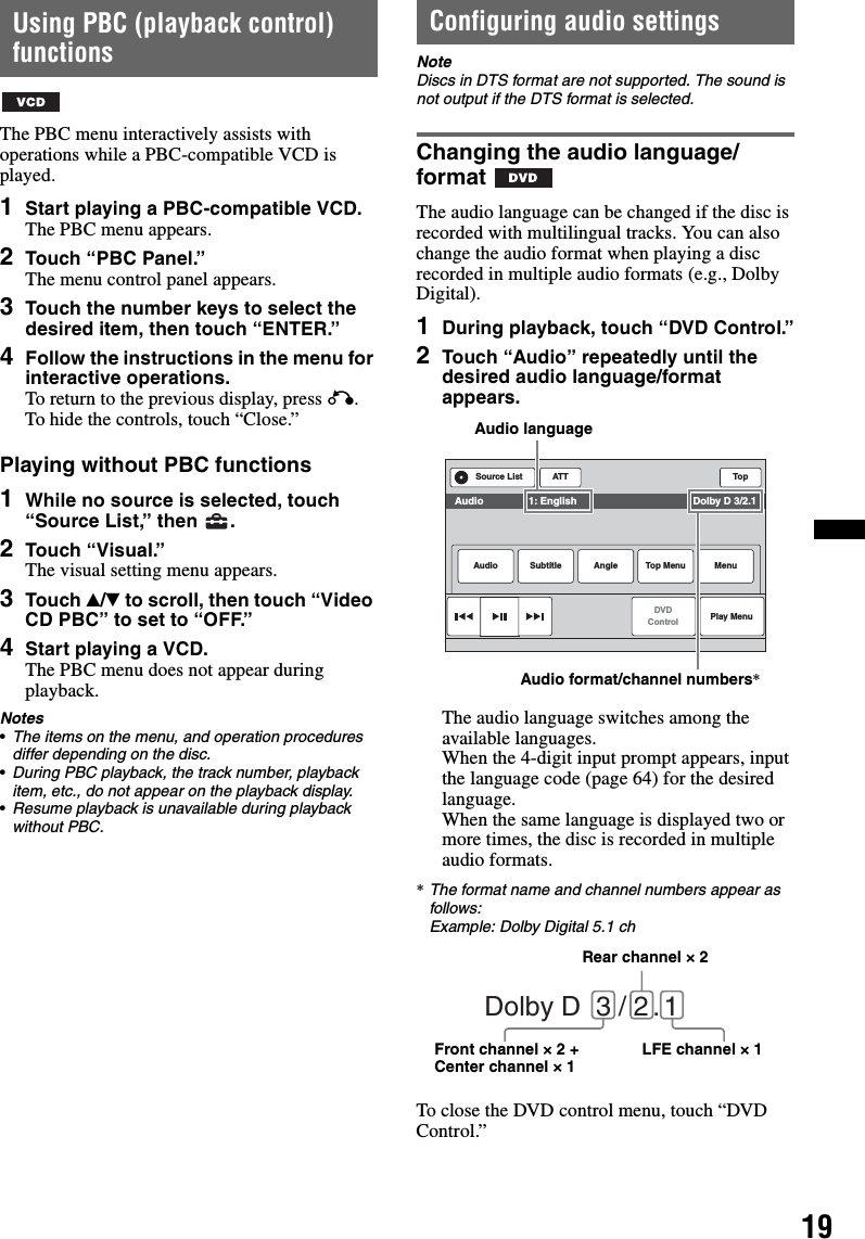 19Using PBC (playback control) functionsThe PBC menu interactively assists with operations while a PBC-compatible VCD is played.1Start playing a PBC-compatible VCD.The PBC menu appears.2Touch “PBC Panel.”The menu control panel appears.3Touch the number keys to select the desired item, then touch “ENTER.”4Follow the instructions in the menu for interactive operations.To return to the previous display, press O.To hide the controls, touch “Close.”Playing without PBC functions1While no source is selected, touch “Source List,” then  .2Touch “Visual.”The visual setting menu appears.3Touch v/V to scroll, then touch “Video CD PBC” to set to “OFF.”4Start playing a VCD.The PBC menu does not appear during playback.Notes•The items on the menu, and operation procedures differ depending on the disc.•During PBC playback, the track number, playback item, etc., do not appear on the playback display.•Resume playback is unavailable during playback without PBC.Configuring audio settingsNoteDiscs in DTS format are not supported. The sound is not output if the DTS format is selected.Changing the audio language/formatThe audio language can be changed if the disc is recorded with multilingual tracks. You can also change the audio format when playing a disc recorded in multiple audio formats (e.g., Dolby Digital).1During playback, touch “DVD Control.”2Touch “Audio” repeatedly until the desired audio language/format appears.The audio language switches among the available languages.When the 4-digit input prompt appears, input the language code (page 64) for the desired language.When the same language is displayed two or more times, the disc is recorded in multiple audio formats.*The format name and channel numbers appear as follows:Example: Dolby Digital 5.1 chTo close the DVD control menu, touch “DVD Control.”ATT TopDVDControlSource ListAudio Subtitle Angle MenuTop MenuAudio                1: English                                         Dolby D 3/2.1Play MenuAudio languageAudio format/channel numbers*Dolby D  3 / 2 . 1Rear channel × 2Front channel × 2 + Center channel × 1 LFE channel × 1