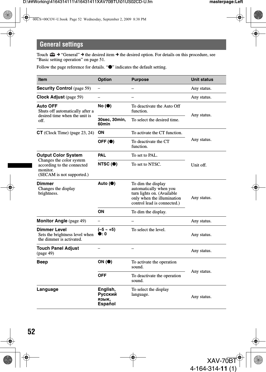 52D:\##Working\4164314111\416431411XAV70BTU\01US02CD-U.fm masterpage:LeftXAV-70BT4-164-314-11 (1)General settingsTouch  c “General” c the desired item c the desired option. For details on this procedure, see “Basic setting operation” on page 51.Follow the page reference for details. “z” indicates the default setting.Item Option Purpose Unit statusSecurity Control (page 59) –– Any status.Clock Adjust (page 59) –– Any status.Auto OFFShuts off automatically after a desired time when the unit is off.No (z)To deactivate the Auto Off function. Any status.30sec, 30min, 60min To select the desired time.CT (Clock Time) (page 23, 24) ON To activate the CT function.Any status.OFF (z)To deactivate the CT function.Output Color SystemChanges the color system according to the connected monitor.(SECAM is not supported.)PAL To set to PAL.Unit off.NTSC (z)To set to NTSC.DimmerChanges the display brightness.Auto (z)To dim the display automatically when you turn lights on. (Available only when the illumination control lead is connected.)Any status.ON To dim the display.Monitor Angle (page 49) –– Any status.Dimmer LevelSets the brightness level when the dimmer is activated.(–5 ~ +5)z: 0 To select the level.Any status.Touch Panel Adjust (page 49)––Any status.Beep ON (z)To activate the operation sound.Any status.OFF To deactivate the operation sound.Language English, Русский язык, EspañolTo select the display language. Any status.00US+00COV-U.book  Page 52  Wednesday, September 2, 2009  8:38 PM