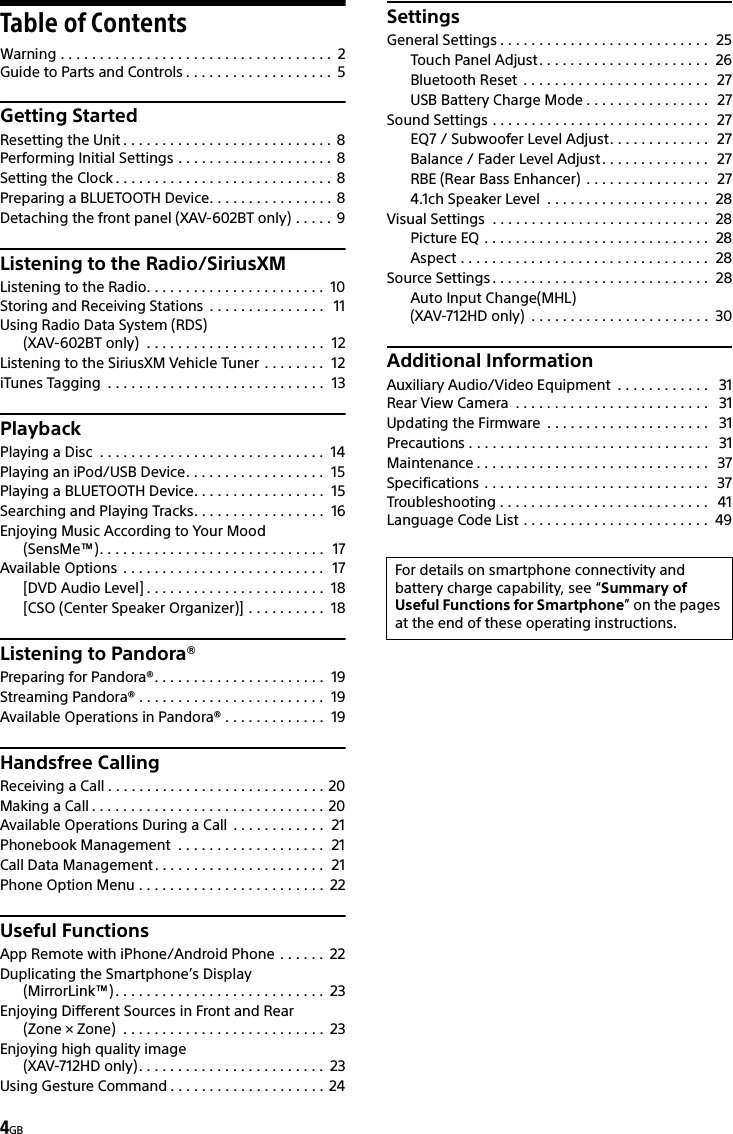 4GBTable of ContentsWarning . . . . . . . . . . . . . . . . . . . . . . . . . . . . . . . . . . .  2Guide to Parts and Controls . . . . . . . . . . . . . . . . . . .  5Getting StartedResetting the Unit . . . . . . . . . . . . . . . . . . . . . . . . . . .  8Performing Initial Settings . . . . . . . . . . . . . . . . . . . .  8Setting the Clock . . . . . . . . . . . . . . . . . . . . . . . . . . . .  8Preparing a BLUETOOTH Device. . . . . . . . . . . . . . . . 8Detaching the front panel (XAV-602BT only) . . . . .  9Listening to the Radio/SiriusXMListening to the Radio. . . . . . . . . . . . . . . . . . . . . . .  10Storing and Receiving Stations  . . . . . . . . . . . . . . .   11Using Radio Data System (RDS) (XAV-602BT only)  . . . . . . . . . . . . . . . . . . . . . . .  12Listening to the SiriusXM Vehicle Tuner . . . . . . . .  12iTunes Tagging  . . . . . . . . . . . . . . . . . . . . . . . . . . . .  13PlaybackPlaying a Disc  . . . . . . . . . . . . . . . . . . . . . . . . . . . . .  14Playing an iPod/USB Device. . . . . . . . . . . . . . . . . .  15Playing a BLUETOOTH Device. . . . . . . . . . . . . . . . .  15Searching and Playing Tracks. . . . . . . . . . . . . . . . .  16Enjoying Music According to Your Mood (SensMe™). . . . . . . . . . . . . . . . . . . . . . . . . . . . .  17Available Options  . . . . . . . . . . . . . . . . . . . . . . . . . .  17[DVD Audio Level] . . . . . . . . . . . . . . . . . . . . . . .  18[CSO (Center Speaker Organizer)] . . . . . . . . . .  18Listening to Pandora®Preparing for Pandora®. . . . . . . . . . . . . . . . . . . . . .  19Streaming Pandora® . . . . . . . . . . . . . . . . . . . . . . . .  19Available Operations in Pandora® . . . . . . . . . . . . .  19Handsfree CallingReceiving a Call . . . . . . . . . . . . . . . . . . . . . . . . . . . . 20Making a Call . . . . . . . . . . . . . . . . . . . . . . . . . . . . . . 20Available Operations During a Call  . . . . . . . . . . . .  21Phonebook Management  . . . . . . . . . . . . . . . . . . .  21Call Data Management . . . . . . . . . . . . . . . . . . . . . .  21Phone Option Menu . . . . . . . . . . . . . . . . . . . . . . . .  22Useful FunctionsApp Remote with iPhone/Android Phone . . . . . .  22Duplicating the Smartphone’s Display (MirrorLink™). . . . . . . . . . . . . . . . . . . . . . . . . . .  23Enjoying Different Sources in Front and Rear (Zone × Zone)  . . . . . . . . . . . . . . . . . . . . . . . . . .  23Enjoying high quality image (XAV-712HD only). . . . . . . . . . . . . . . . . . . . . . . .  23Using Gesture Command . . . . . . . . . . . . . . . . . . . . 24SettingsGeneral Settings . . . . . . . . . . . . . . . . . . . . . . . . . . .  25Touch Panel Adjust. . . . . . . . . . . . . . . . . . . . . .  26Bluetooth Reset  . . . . . . . . . . . . . . . . . . . . . . . .   27USB Battery Charge Mode . . . . . . . . . . . . . . . .   27Sound Settings . . . . . . . . . . . . . . . . . . . . . . . . . . . .  27EQ7 / Subwoofer Level Adjust. . . . . . . . . . . . .  27Balance / Fader Level Adjust. . . . . . . . . . . . . .  27RBE (Rear Bass Enhancer)  . . . . . . . . . . . . . . . .  274.1ch Speaker Level  . . . . . . . . . . . . . . . . . . . . .  28Visual Settings  . . . . . . . . . . . . . . . . . . . . . . . . . . . .  28Picture EQ . . . . . . . . . . . . . . . . . . . . . . . . . . . . .  28Aspect . . . . . . . . . . . . . . . . . . . . . . . . . . . . . . . .  28Source Settings . . . . . . . . . . . . . . . . . . . . . . . . . . . .  28Auto Input Change(MHL) (XAV-712HD only)  . . . . . . . . . . . . . . . . . . . . . . .  30Additional InformationAuxiliary Audio/Video Equipment  . . . . . . . . . . . .   31Rear View Camera  . . . . . . . . . . . . . . . . . . . . . . . . .   31Updating the Firmware  . . . . . . . . . . . . . . . . . . . . .   31Precautions . . . . . . . . . . . . . . . . . . . . . . . . . . . . . . .   31Maintenance . . . . . . . . . . . . . . . . . . . . . . . . . . . . . .   37Specifications . . . . . . . . . . . . . . . . . . . . . . . . . . . . .   37Troubleshooting . . . . . . . . . . . . . . . . . . . . . . . . . . .   41Language Code List . . . . . . . . . . . . . . . . . . . . . . . .  49For details on smartphone connectivity and battery charge capability, see “Summary of Useful Functions for Smartphone” on the pages at the end of these operating instructions.