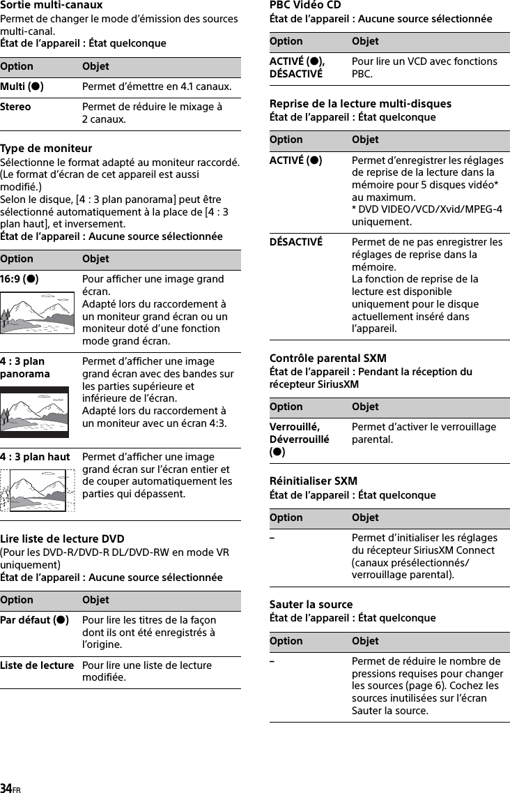 34FRSortie multi-canauxPermet de changer le mode d’émission des sources multi-canal.État de l’appareil : État quelconqueType de moniteurSélectionne le format adapté au moniteur raccordé.(Le format d’écran de cet appareil est aussi modifié.)Selon le disque, [4 : 3 plan panorama] peut être sélectionné automatiquement à la place de [4 : 3 plan haut], et inversement.État de l’appareil : Aucune source sélectionnéeLire liste de lecture DVD(Pour les DVD-R/DVD-R DL/DVD-RW en mode VR uniquement)État de l’appareil : Aucune source sélectionnéePBC Vidéo CDÉtat de l’appareil : Aucune source sélectionnéeReprise de la lecture multi-disquesÉtat de l’appareil : État quelconqueContrôle parental SXMÉtat de l’appareil : Pendant la réception du récepteur SiriusXMRéinitialiser SXMÉtat de l’appareil : État quelconqueSauter la sourceÉtat de l’appareil : État quelconqueOption ObjetMulti ()Permet d’émettre en 4.1 canaux.Stereo Permet de réduire le mixage à 2 canaux.Option Objet16:9 ()Pour afficher une image grand écran.Adapté lors du raccordement à un moniteur grand écran ou un moniteur doté d’une fonction mode grand écran.4 : 3 plan panoramaPermet d’afficher une image grand écran avec des bandes sur les parties supérieure et inférieure de l’écran.Adapté lors du raccordement à un moniteur avec un écran 4:3.4 : 3 plan haut Permet d’afficher une image grand écran sur l’écran entier et de couper automatiquement les parties qui dépassent.Option ObjetPar défaut ()Pour lire les titres de la façon dont ils ont été enregistrés à l’origine.Liste de lecture Pour lire une liste de lecture modifiée.Option ObjetACTIVÉ (), DÉSACTIVÉPour lire un VCD avec fonctions PBC.Option ObjetACTIVÉ ()Permet d’enregistrer les réglages de reprise de la lecture dans la mémoire pour 5 disques vidéo* au maximum.* DVD VIDEO/VCD/Xvid/MPEG-4 uniquement.DÉSACTIVÉ Permet de ne pas enregistrer les réglages de reprise dans la mémoire.La fonction de reprise de la lecture est disponible uniquement pour le disque actuellement inséré dans l’appareil.Option ObjetVerrouillé, Déverrouillé ()Permet d’activer le verrouillage parental.Option Objet–Permet d’initialiser les réglages du récepteur SiriusXM Connect (canaux présélectionnés/verrouillage parental).Option Objet–Permet de réduire le nombre de pressions requises pour changer les sources (page 6). Cochez les sources inutilisées sur l’écran Sauter la source.