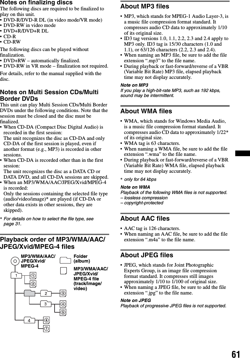 61Notes on finalizing discsThe following discs are required to be finalized to play on this unit.• DVD-R/DVD-R DL (in video mode/VR mode)• DVD-RW in video mode• DVD+R/DVD+R DL•CD-R•CD-RWThe following discs can be played without finalization.• DVD+RW – automatically finalized.• DVD-RW in VR mode – finalization not required.For details, refer to the manual supplied with the disc.Notes on Multi Session CDs/Multi Border DVDsThis unit can play Multi Session CDs/Multi Border DVDs under the following conditions. Note that the session must be closed and the disc must be finalized.• When CD-DA (Compact Disc Digital Audio) is recorded in the first session:The unit recognizes the disc as CD-DA and only CD-DA of the first session is played, even if another format (e.g., MP3) is recorded in other sessions.• When CD-DA is recorded other than in the first session:The unit recognizes the disc as a DATA CD or DATA DVD, and all CD-DA sessions are skipped.• When an MP3/WMA/AAC/JPEG/Xvid/MPEG-4 is recorded:Only the sessions containing the selected file type (audio/video/image)* are played (if CD-DA or other data exists in other sessions, they are skipped).*For details on how to select the file type, see page 31.Playback order of MP3/WMA/AAC/JPEG/Xvid/MPEG-4 filesAbout MP3 files• MP3, which stands for MPEG-1 Audio Layer-3, is a music file compression format standard. It compresses audio CD data to approximately 1/10 of its original size.• ID3 tag versions 1.0, 1.1, 2.2, 2.3 and 2.4 apply to MP3 only. ID3 tag is 15/30 characters (1.0 and 1.1), or 63/126 characters (2.2, 2.3 and 2.4).• When naming an MP3 file, be sure to add the file extension “.mp3” to the file name.• During playback or fast-forward/reverse of a VBR (Variable Bit Rate) MP3 file, elapsed playback time may not display accurately.Note on MP3If you play a high-bit-rate MP3, such as 192 kbps, sound may be intermittent.About WMA files• WMA, which stands for Windows Media Audio, is a music file compression format standard. It compresses audio CD data to approximately 1/22* of its original size.• WMA tag is 63 characters.• When naming a WMA file, be sure to add the file extension “.wma” to the file name.• During playback or fast-forward/reverse of a VBR (Variable Bit Rate) WMA file, elapsed playback time may not display accurately.*only for 64 kbpsNote on WMAPlayback of the following WMA files is not supported.– lossless compression– copyright-protectedAbout AAC files• AAC tag is 126 characters.• When naming an AAC file, be sure to add the file extension “.m4a” to the file name.About JPEG files• JPEG, which stands for Joint Photographic Experts Group, is an image file compression format standard. It compresses still images approximately 1/10 to 1/100 of original size.• When naming a JPEG file, be sure to add the file extension “.jpg” to the file name.Note on JPEGPlayback of progressive JPEG files is not supported.Folder (album)MP3/WMA/AAC/JPEG/Xvid/MPEG-4 file (track/image/video)MP3/WMA/AAC/JPEG/Xvid/MPEG-4