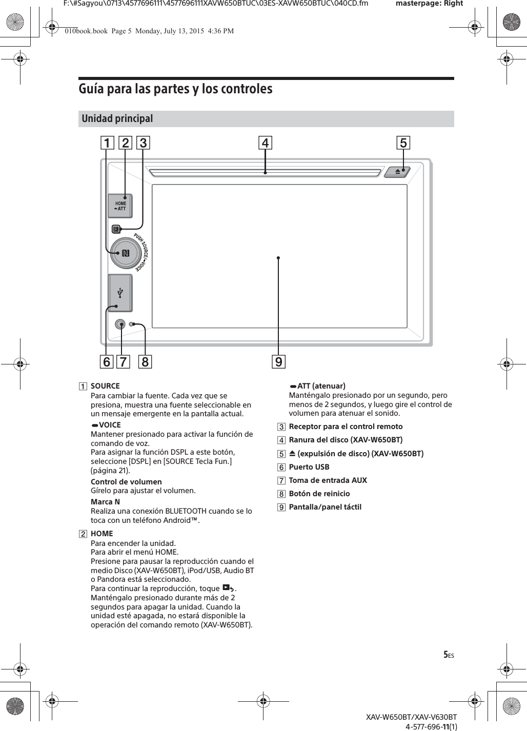 5ESF:\#Sagyou\0713\4577696111\4577696111XAVW650BTUC\03ES-XAVW650BTUC\040CD.fm masterpage: RightXAV-W650BT/XAV-V630BT4-577-696-11(1)Guía para las partes y los controlesȩSOURCEPara cambiar la fuente. Cada vez que se presiona, muestra una fuente seleccionable en un mensaje emergente en la pantalla actual.VOICEMantener presionado para activar la función de comando de voz.Para asignar la función DSPL a este botón, seleccione [DSPL] en [SOURCE Tecla Fun.] (página 21).Control de volumenGírelo para ajustar el volumen.Marca NRealiza una conexión BLUETOOTH cuando se lo toca con un teléfono Android™.ȪHOMEPara encender la unidad.Para abrir el menú HOME.Presione para pausar la reproducción cuando el medio Disco (XAV-W650BT), iPod/USB, Audio BT o Pandora está seleccionado. Para continuar la reproducción, toque  .Manténgalo presionado durante más de 2 segundos para apagar la unidad. Cuando la unidad esté apagada, no estará disponible la operación del comando remoto (XAV-W650BT).ATT (atenuar)Manténgalo presionado por un segundo, pero menos de 2 segundos, y luego gire el control de volumen para atenuar el sonido.ȫReceptor para el control remotoȬRanura del disco (XAV-W650BT)ȭì (expulsión de disco) (XAV-W650BT)ȮPuerto USBȯToma de entrada AUXȰBotón de reinicioȱPantalla/panel táctilUnidad principal010book.book  Page 5  Monday, July 13, 2015  4:36 PM