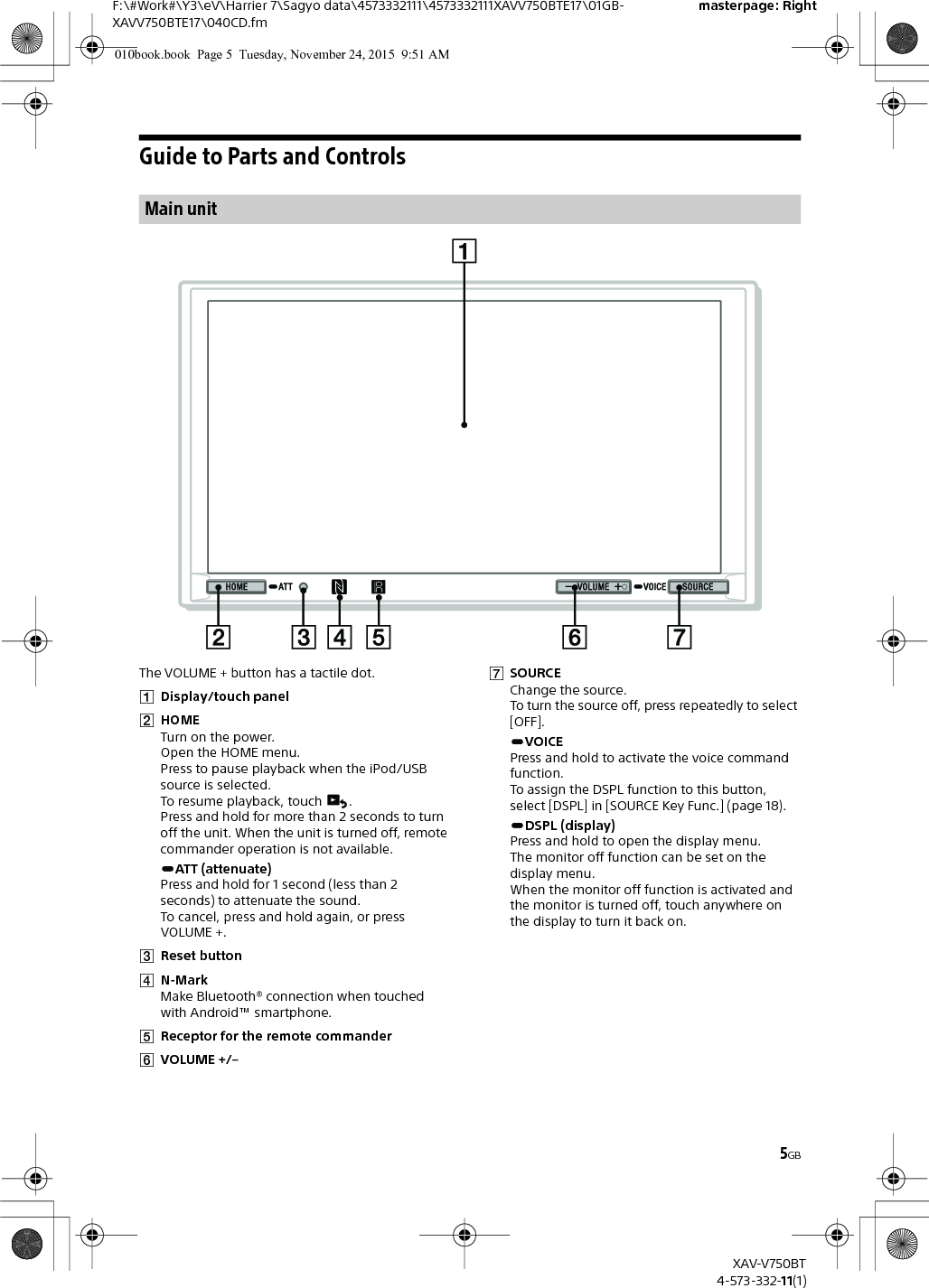 5GBF:\#Work#\Y3\eV\Harrier 7\Sagyo data\4573332111\4573332111XAVV750BTE17\01GB-XAVV750BTE17\040CD.fmmasterpage: RightXAV-V750BT4-573-332-11(1)Guide to Parts and ControlsThe VOLUME + button has a tactile dot.Display/touch panelHOMETurn on the power.Open the HOME menu.Press to pause playback when the iPod/USB source is selected.To resume playback, touch  .Press and hold for more than 2 seconds to turn off the unit. When the unit is turned off, remote commander operation is not available.ATT (attenuate)Press and hold for 1 second (less than 2 seconds) to attenuate the sound.To cancel, press and hold again, or press VOLUME +.Reset buttonN-MarkMake Bluetooth® connection when touched with Android™ smartphone.Receptor for the remote commanderVOLUME +/–SOURCEChange the source.To turn the source off, press repeatedly to select [OFF].VOICEPress and hold to activate the voice command function.To assign the DSPL function to this button, select [DSPL] in [SOURCE Key Func.] (page 18).DSPL (display)Press and hold to open the display menu.The monitor off function can be set on the display menu.When the monitor off function is activated and the monitor is turned off, touch anywhere on the display to turn it back on.Main unit010book.book  Page 5  Tuesday, November 24, 2015  9:51 AM