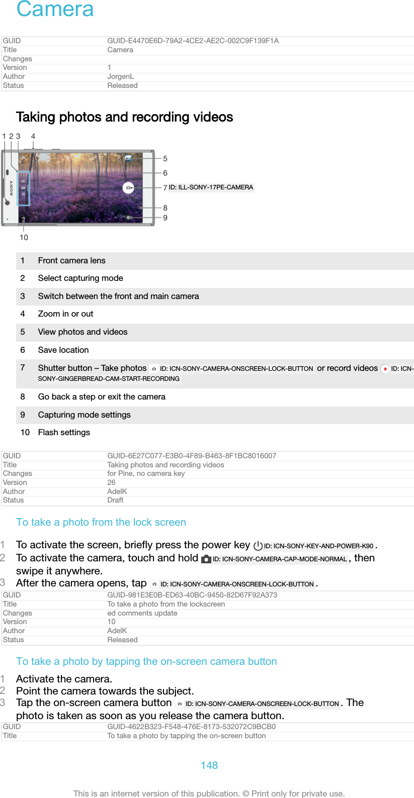 CameraGUID GUID-E4470E6D-79A2-4CE2-AE2C-002C9F139F1ATitle CameraChangesVersion 1Author JorgenLStatus ReleasedTaking photos and recording videosID: ILL-SONY-17PE-CAMERA1 Front camera lens2 Select capturing mode3 Switch between the front and main camera4 Zoom in or out5 View photos and videos6 Save location7Shutter button &ndash; Take photos  ID: ICN-SONY-CAMERA-ONSCREEN-LOCK-BUTTON  or record videos  ID: ICN-SONY-GINGERBREAD-CAM-START-RECORDING8 Go back a step or exit the camera9 Capturing mode settings10 Flash settingsGUID GUID-6E27C077-E3B0-4F89-B463-8F1BC8016007Title Taking photos and recording videosChanges for Pine, no camera keyVersion 26Author AdelKStatus DraftTo take a photo from the lock screen1To activate the screen, brieﬂy press the power key  ID: ICN-SONY-KEY-AND-POWER-K90 .2To activate the camera, touch and hold  ID: ICN-SONY-CAMERA-CAP-MODE-NORMAL , thenswipe it anywhere.3After the camera opens, tap  ID: ICN-SONY-CAMERA-ONSCREEN-LOCK-BUTTON .GUID GUID-981E3E0B-ED63-40BC-9450-82D67F92A373Title To take a photo from the lockscreenChanges ed comments updateVersion 10Author AdelKStatus ReleasedTo take a photo by tapping the on-screen camera button1Activate the camera.2Point the camera towards the subject.3Tap the on-screen camera button  ID: ICN-SONY-CAMERA-ONSCREEN-LOCK-BUTTON . Thephoto is taken as soon as you release the camera button.GUID GUID-4622B323-F548-476E-8173-532072C9BCB0Title To take a photo by tapping the on-screen button148This is an internet version of this publication. &copy; Print only for private use.