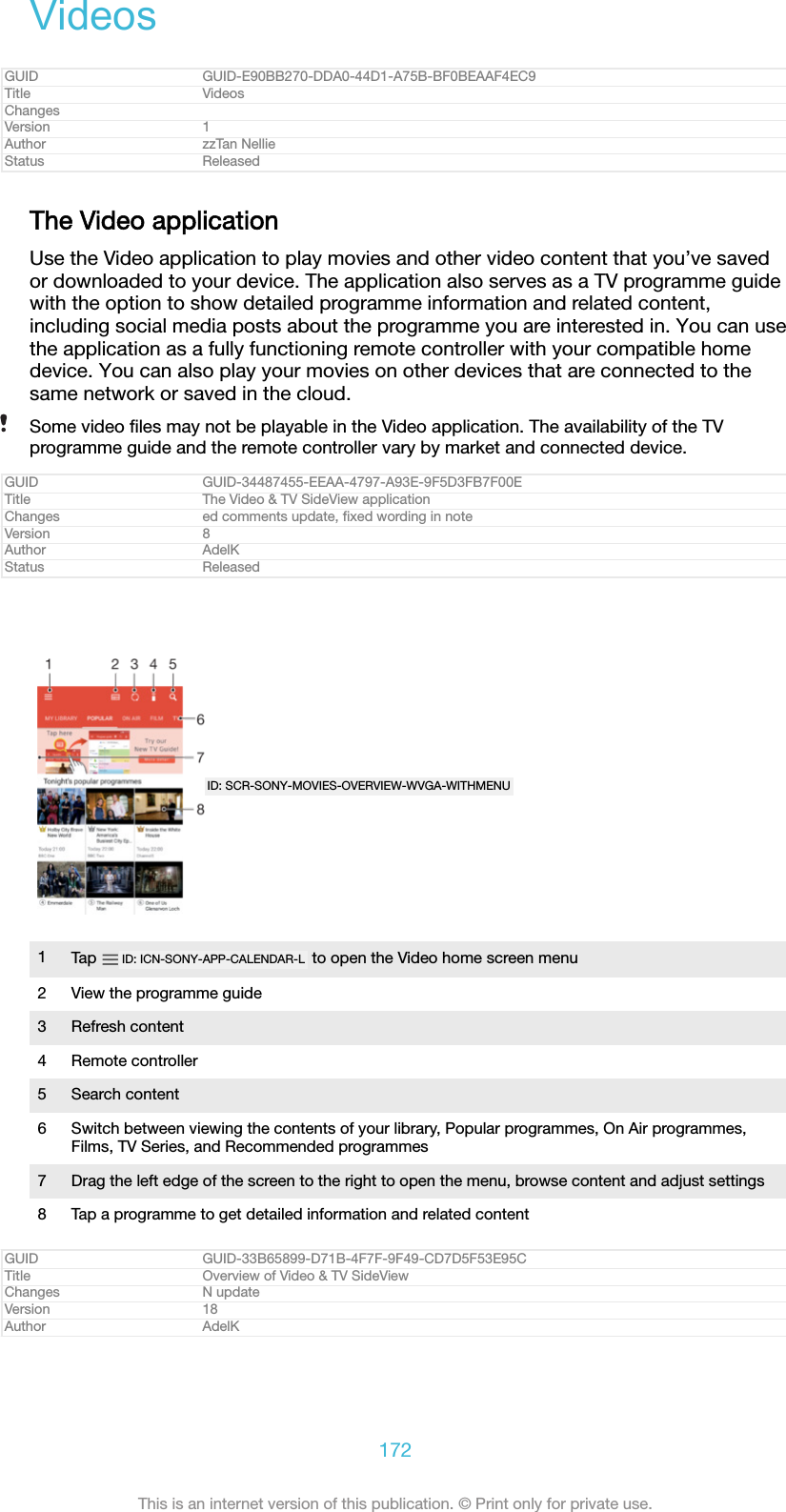 VideosGUID GUID-E90BB270-DDA0-44D1-A75B-BF0BEAAF4EC9Title VideosChangesVersion 1Author zzTan NellieStatus ReleasedThe Video applicationUse the Video application to play movies and other video content that you&rsquo;ve savedor downloaded to your device. The application also serves as a TV programme guidewith the option to show detailed programme information and related content,including social media posts about the programme you are interested in. You can usethe application as a fully functioning remote controller with your compatible homedevice. You can also play your movies on other devices that are connected to thesame network or saved in the cloud.Some video ﬁles may not be playable in the Video application. The availability of the TVprogramme guide and the remote controller vary by market and connected device.GUID GUID-34487455-EEAA-4797-A93E-9F5D3FB7F00ETitle The Video &amp; TV SideView applicationChanges ed comments update, ﬁxed wording in noteVersion 8Author AdelKStatus ReleasedID: SCR-SONY-MOVIES-OVERVIEW-WVGA-WITHMENU1Tap  ID: ICN-SONY-APP-CALENDAR-L  to open the Video home screen menu2 View the programme guide3 Refresh content4 Remote controller5 Search content6 Switch between viewing the contents of your library, Popular programmes, On Air programmes,Films, TV Series, and Recommended programmes7 Drag the left edge of the screen to the right to open the menu, browse content and adjust settings8 Tap a programme to get detailed information and related contentGUID GUID-33B65899-D71B-4F7F-9F49-CD7D5F53E95CTitle Overview of Video &amp; TV SideViewChanges N updateVersion 18Author AdelK172This is an internet version of this publication. &copy; Print only for private use.