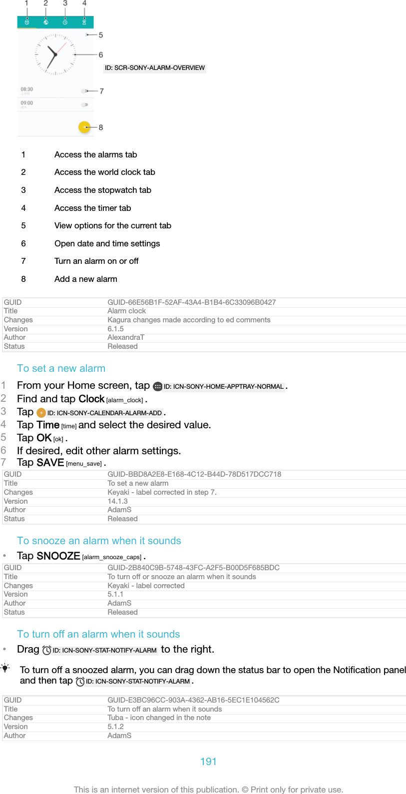 ID: SCR-SONY-ALARM-OVERVIEW1 Access the alarms tab2 Access the world clock tab3 Access the stopwatch tab4 Access the timer tab5 View options for the current tab6 Open date and time settings7 Turn an alarm on or off8 Add a new alarmGUID GUID-66E56B1F-52AF-43A4-B1B4-6C33096B0427Title Alarm clockChanges Kagura changes made according to ed commentsVersion 6.1.5Author AlexandraTStatus ReleasedTo set a new alarm1From your Home screen, tap  ID: ICN-SONY-HOME-APPTRAY-NORMAL .2Find and tap Clock [alarm_clock] .3Tap  ID: ICN-SONY-CALENDAR-ALARM-ADD .4Tap Time [time] and select the desired value.5Tap OK [ok] .6If desired, edit other alarm settings.7Tap SAVE [menu_save] .GUID GUID-BBD8A2E8-E168-4C12-B44D-78D517DCC718Title To set a new alarmChanges Keyaki - label corrected in step 7.Version 14.1.3Author AdamSStatus ReleasedTo snooze an alarm when it sounds&bull;Tap SNOOZE [alarm_snooze_caps] .GUID GUID-2B840C9B-5748-43FC-A2F5-B00D5F685BDCTitle To turn off or snooze an alarm when it soundsChanges Keyaki - label correctedVersion 5.1.1Author AdamSStatus ReleasedTo turn off an alarm when it sounds&bull;Drag  ID: ICN-SONY-STAT-NOTIFY-ALARM  to the right.To turn off a snoozed alarm, you can drag down the status bar to open the Notiﬁcation paneland then tap  ID: ICN-SONY-STAT-NOTIFY-ALARM .GUID GUID-E3BC96CC-903A-4362-AB16-5EC1E104562CTitle To turn off an alarm when it soundsChanges Tuba - icon changed in the noteVersion 5.1.2Author AdamS191This is an internet version of this publication. &copy; Print only for private use.
