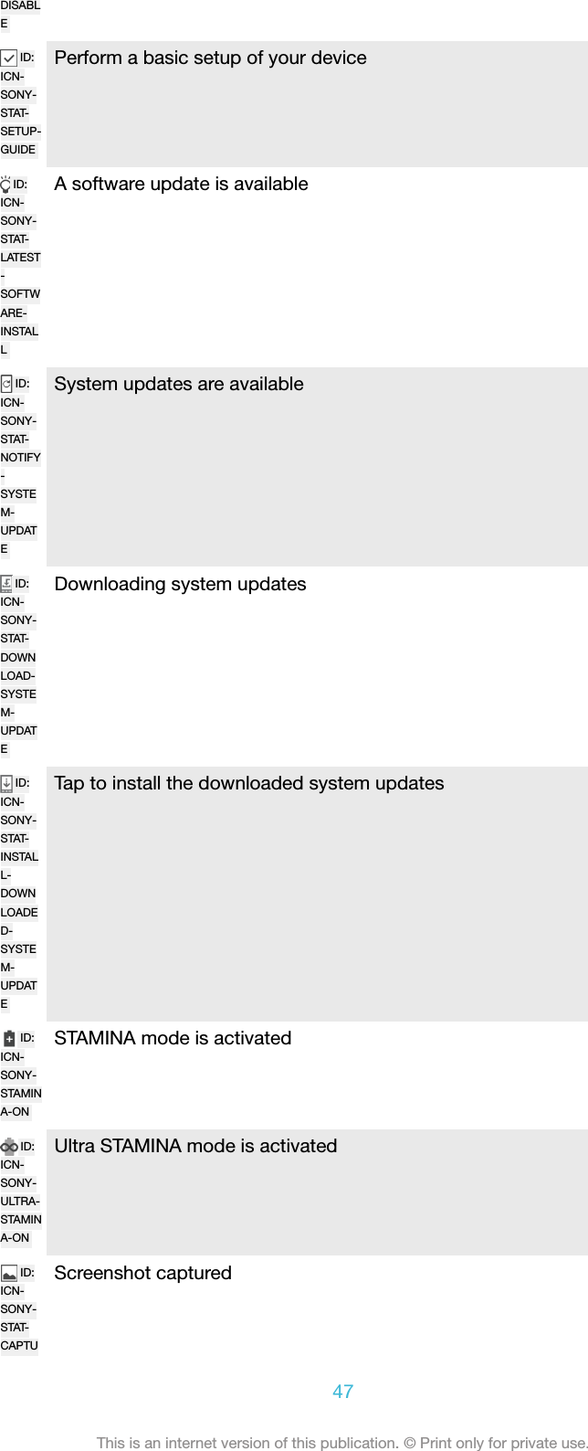 DISABLEID:ICN-SONY-STAT-SETUP-GUIDEPerform a basic setup of your deviceID:ICN-SONY-STAT-LATEST-SOFTWARE-INSTALLA software update is availableID:ICN-SONY-STAT-NOTIFY-SYSTEM-UPDATESystem updates are availableID:ICN-SONY-STAT-DOWNLOAD-SYSTEM-UPDATEDownloading system updatesID:ICN-SONY-STAT-INSTALL-DOWNLOADED-SYSTEM-UPDATETap to install the downloaded system updatesID:ICN-SONY-STAMINA-ONSTAMINA mode is activatedID:ICN-SONY-ULTRA-STAMINA-ONUltra STAMINA mode is activatedID:ICN-SONY-STAT-CAPTUScreenshot captured47This is an internet version of this publication. &copy; Print only for private use.