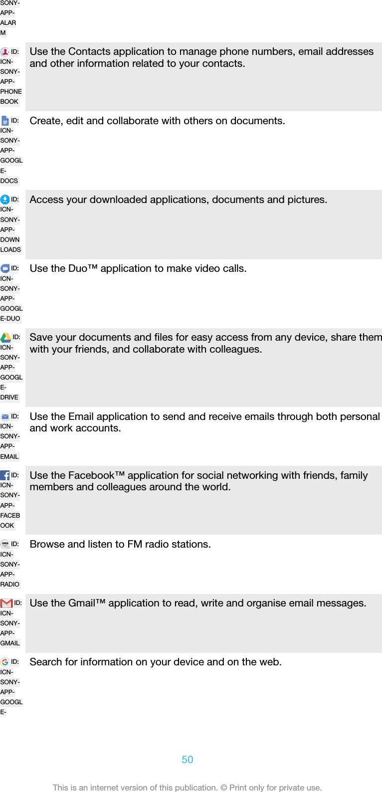 SONY-APP-ALARMID:ICN-SONY-APP-PHONEBOOKUse the Contacts application to manage phone numbers, email addressesand other information related to your contacts.ID:ICN-SONY-APP-GOOGLE-DOCSCreate, edit and collaborate with others on documents.ID:ICN-SONY-APP-DOWNLOADSAccess your downloaded applications, documents and pictures.ID:ICN-SONY-APP-GOOGLE-DUOUse the Duo&trade; application to make video calls.ID:ICN-SONY-APP-GOOGLE-DRIVESave your documents and ﬁles for easy access from any device, share themwith your friends, and collaborate with colleagues.ID:ICN-SONY-APP-EMAILUse the Email application to send and receive emails through both personaland work accounts.ID:ICN-SONY-APP-FACEBOOKUse the Facebook&trade; application for social networking with friends, familymembers and colleagues around the world.ID:ICN-SONY-APP-RADIOBrowse and listen to FM radio stations.ID:ICN-SONY-APP-GMAILUse the Gmail&trade; application to read, write and organise email messages.ID:ICN-SONY-APP-GOOGLE-Search for information on your device and on the web.50This is an internet version of this publication. &copy; Print only for private use.