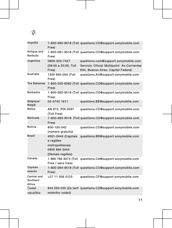 Anguilla 1-800-080-9518 (TollFree)questions.CO@support.sonymobile.comAntigua andBarbuda1-800-081-9518 (TollFree)questions.CO@support.sonymobile.comArgentina 0800-333-7427(09:00 a 20:00, TollFree)questions.com@support.sonymobile.comServicio Oficial Multipoint: Av.Corrientes654, Buenos Aires, Capital Federal.Australia 1300 650-050 (TollFree)questions.AU@support.sonymobile.comThe Bahamas 1-800-205-6062 (TollFree)questions.CO@support.sonymobile.comBarbados 1-800-082-9518 (TollFree)questions.CO@support.sonymobile.comBelgique/Belgi&euml;02-0745 1611 questions.BE@support.sonymobile.comBelize AN 815, PIN 5597(Toll Free)questions.CO@support.sonymobile.comBermuda 1-800-083-9518 (TollFree)questions.CO@support.sonymobile.comBolivia 800-100-542(n&uacute;mero gratuito)questions.CO@support.sonymobile.comBrasil 4001-0444 (Capitaise regi&otilde;esmetropolitanas)0800 884 0444(Demais regi&otilde;es)questions.BR@support.sonymobile.comCanada 1 866 766 9374 (TollFree / sans frais)questions.CA@support.sonymobile.comCaymanIslands1-800-084-9518 (TollFree)questions.CO@support.sonymobile.comCentral andSouthernAfrica+27 11 506 0123 questions.CF@support.sonymobile.comČesk&aacute;republika844 550 055 (Za tarifm&iacute;stn&iacute;ho vol&aacute;n&iacute;)questions.CZ@support.sonymobile.com11